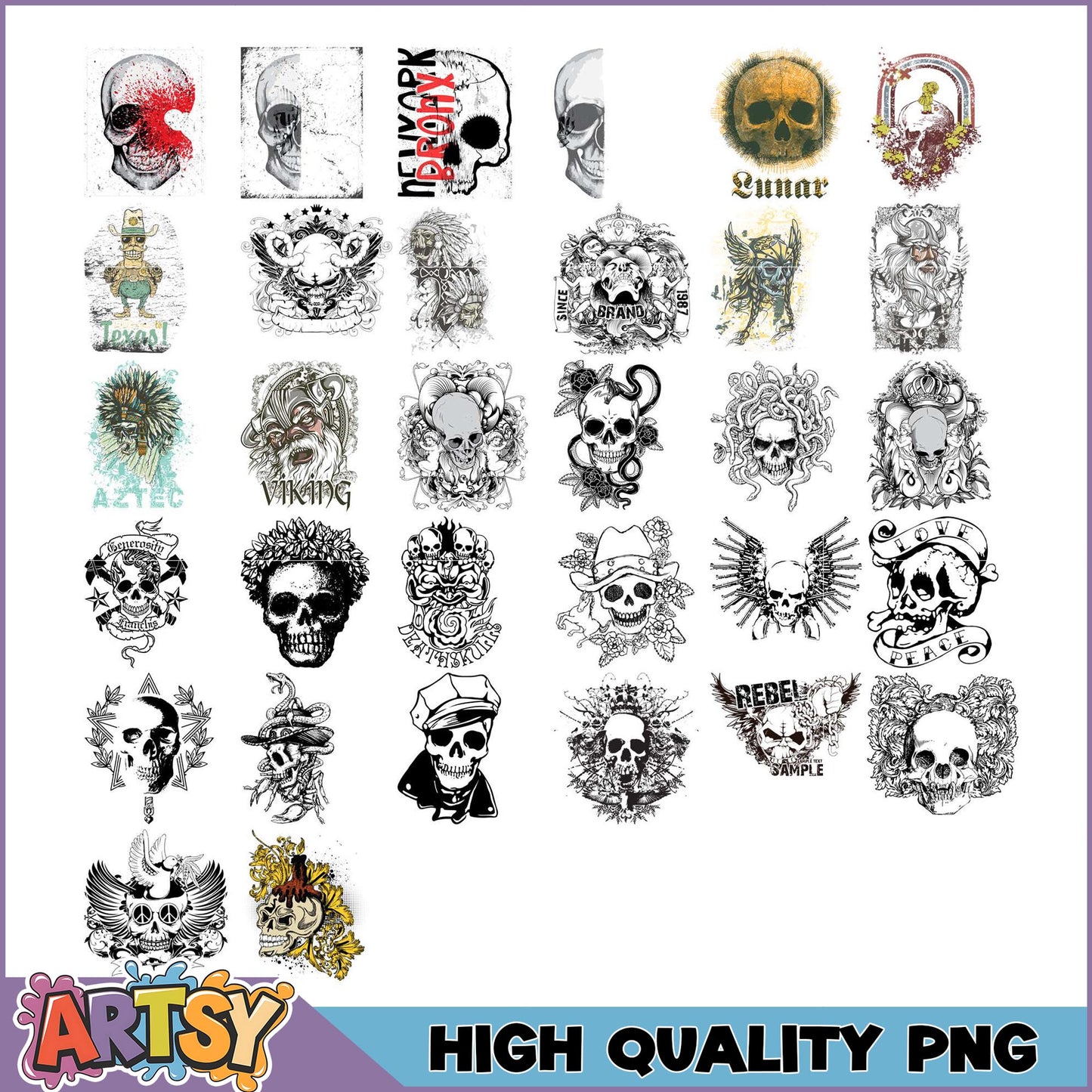 30 Skull PNG Designs Bundle High Quality Graphics