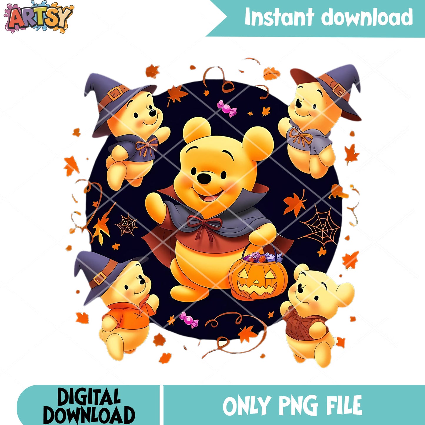 5 baby Pooh the winnie png, disney halloween png, Witch costume png