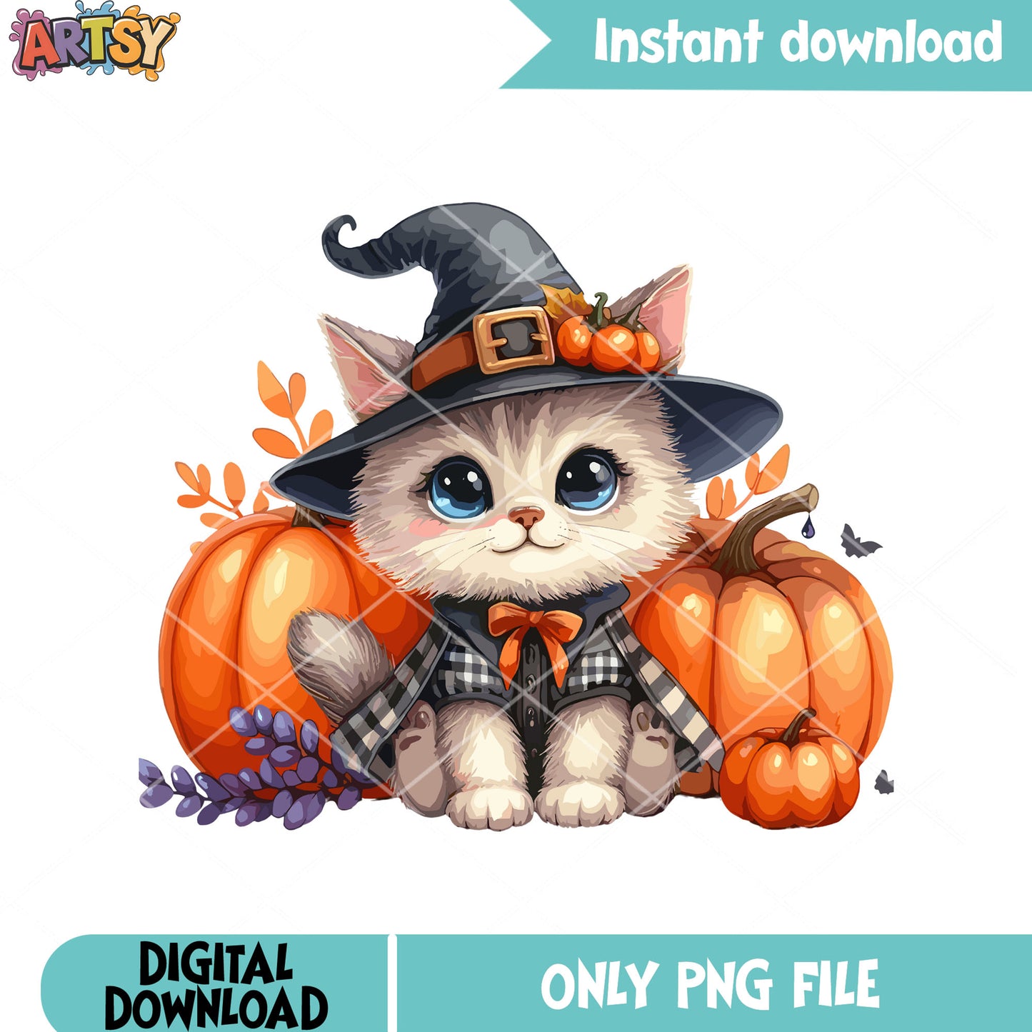 Adorable baby cat png, witches hat png, halloween night png