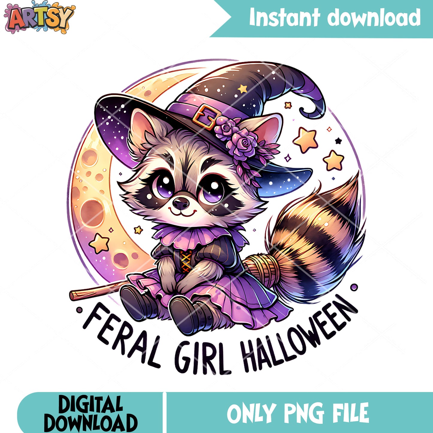 Adorable witch raccoon png, cresent moon png, halloween scary png