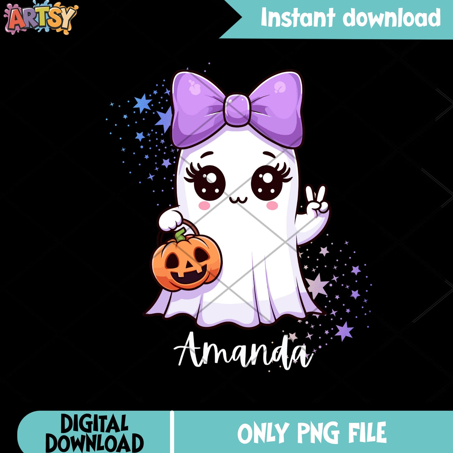 Amanda the ghost png, wicker pumpkin png, purple bow tie png