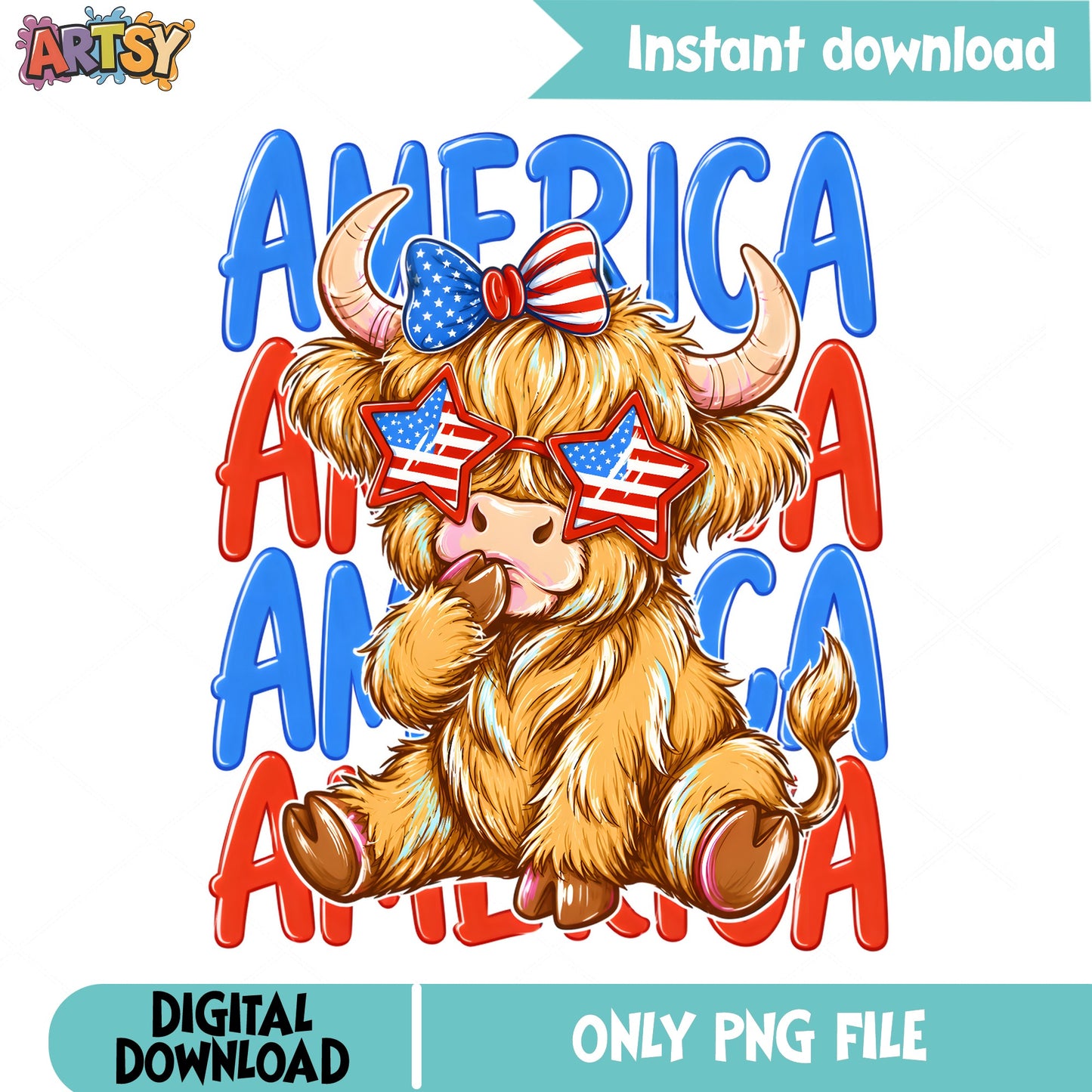 America Highland Cow PNG, 4th Of July PNG, Patriotic Cow PNG