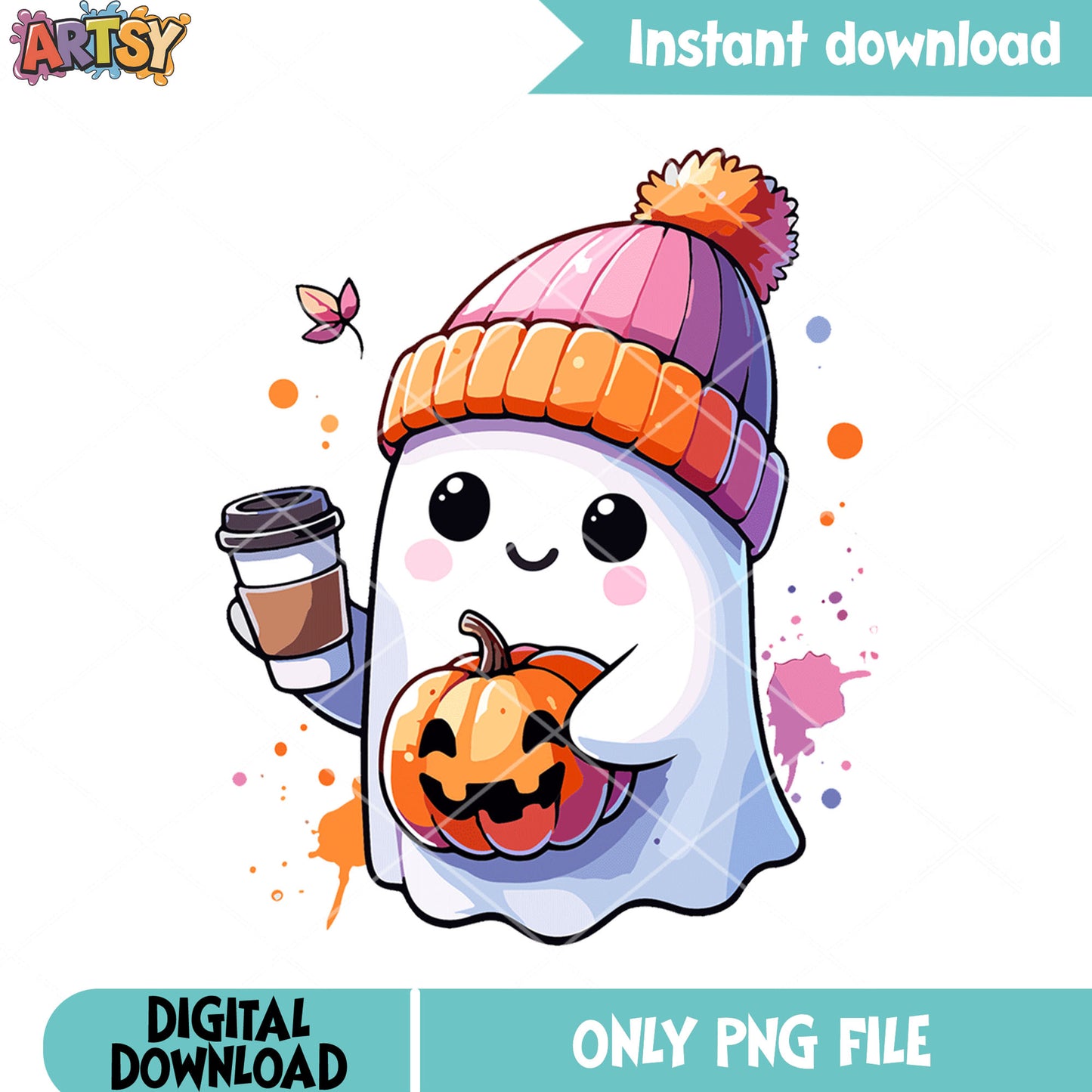 Autumn leaves wicker pumpkin png, hot chocolate png, scary night png