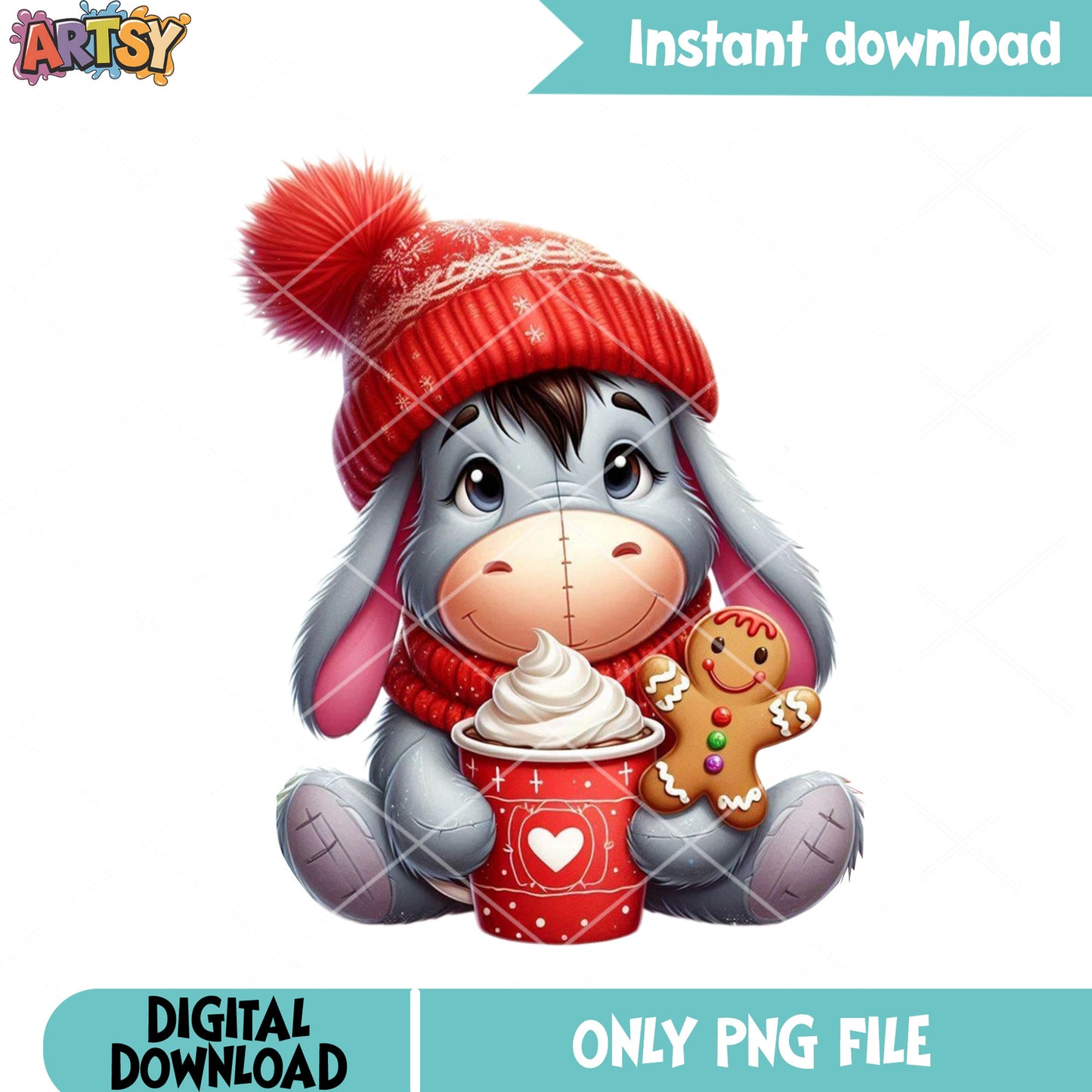 Baby eeyore christmas png, winnie the pooh png, christmas coffee png