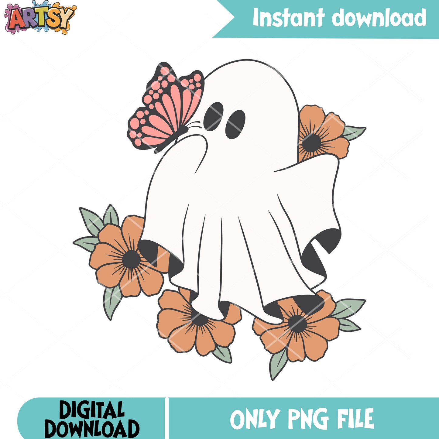 Baby ghost love flower png, red butterfly png, halloween scary png