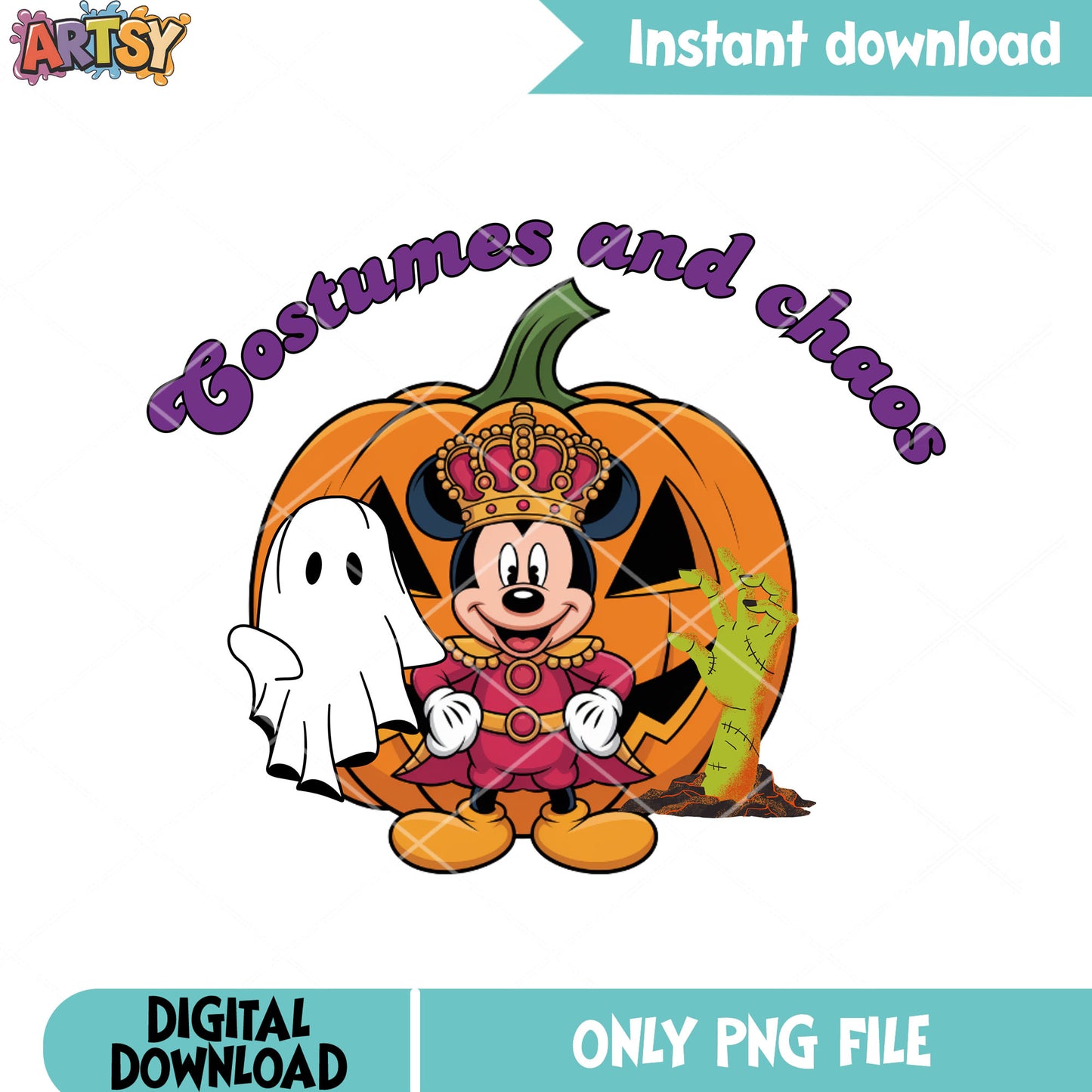 Baby ghost mickey pumpkin png, zombie hand png, King costumes png