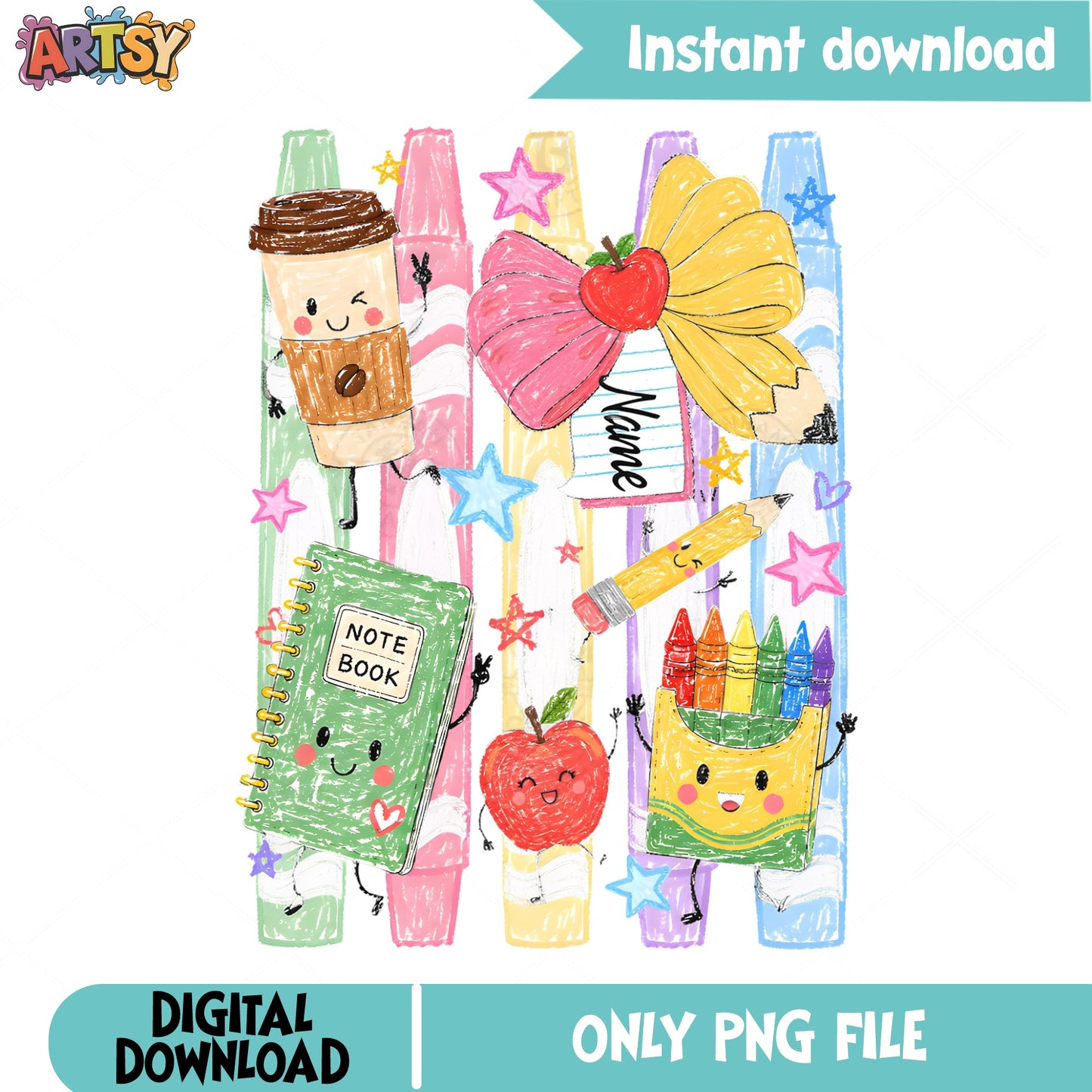 Back To School PNG Sublimation, Teacher School Supplies PNG, Cute Crayon PNG