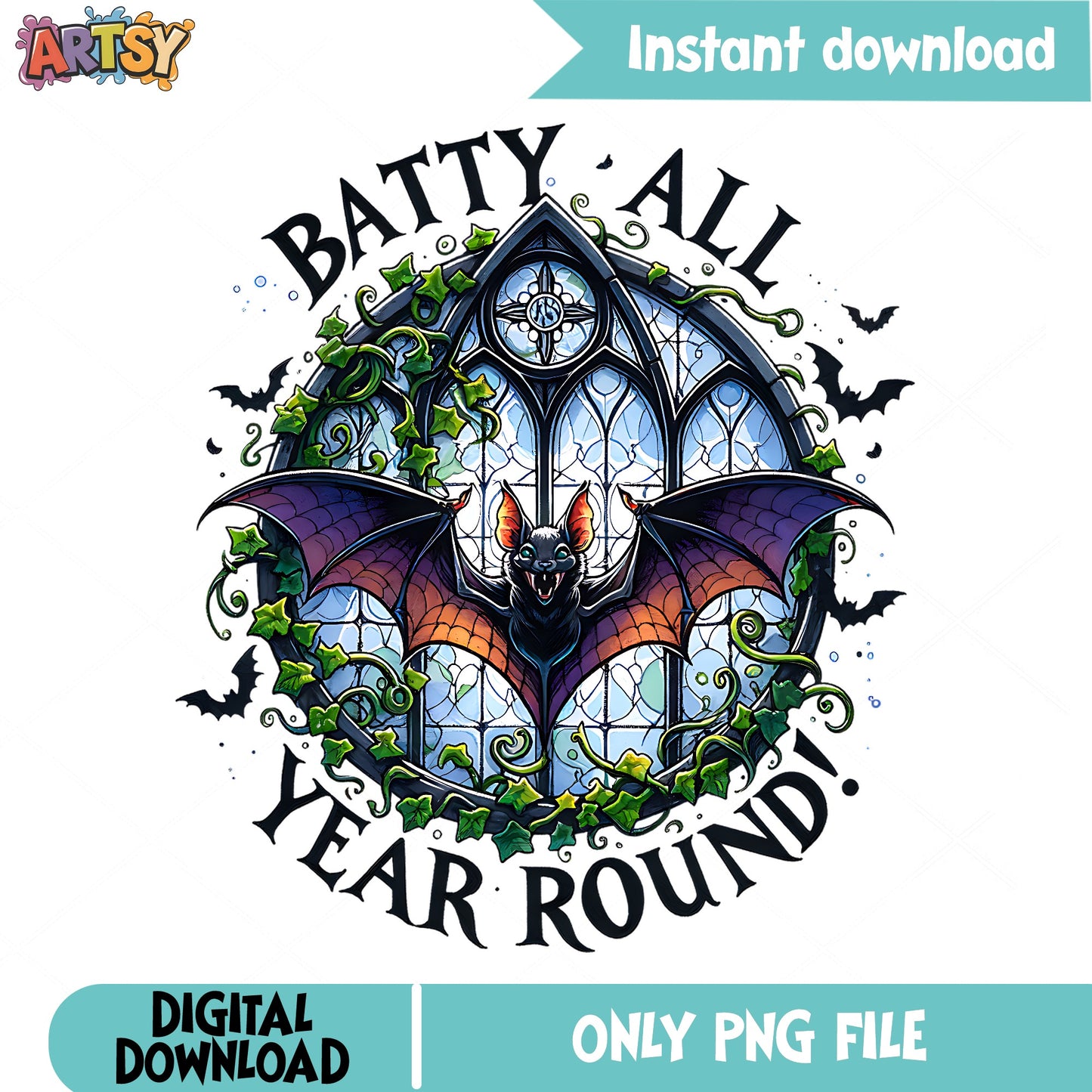 Batty All Year Round PNG, Halloween Bat PNG, Gothic Bat PNG