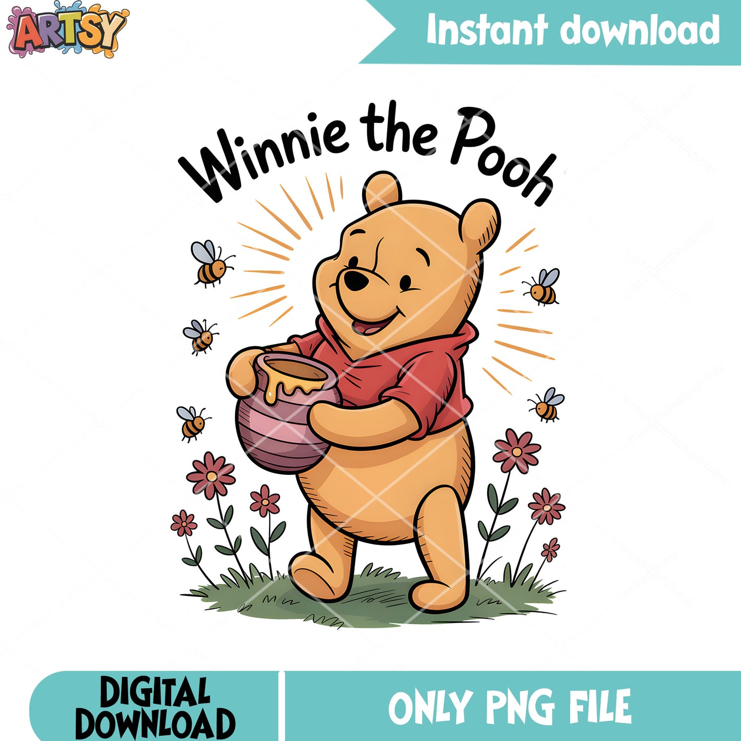 Bee love pooh aura poster png, pooh poster png, vintage winnie pooh png