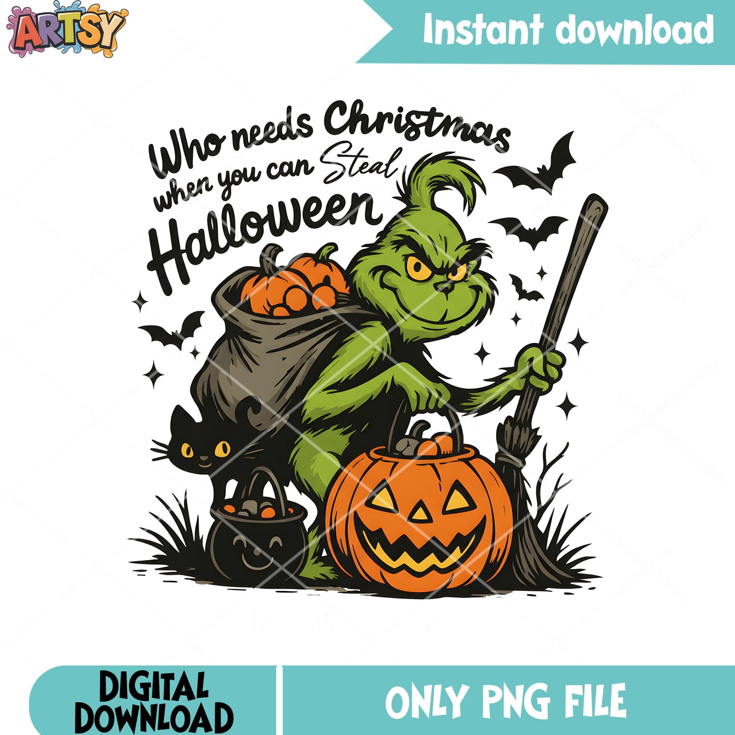 Black cat and green monster png, scary pumpkin png, scary halloween png