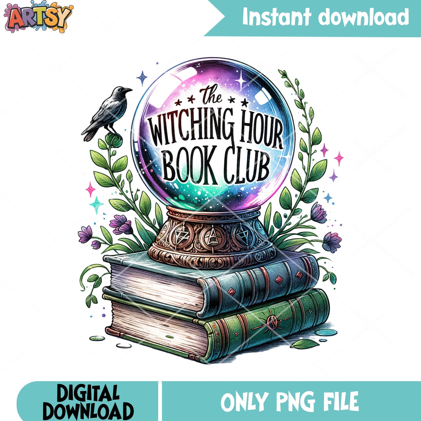 Black crow crystal ball png, book club png scary halloween png