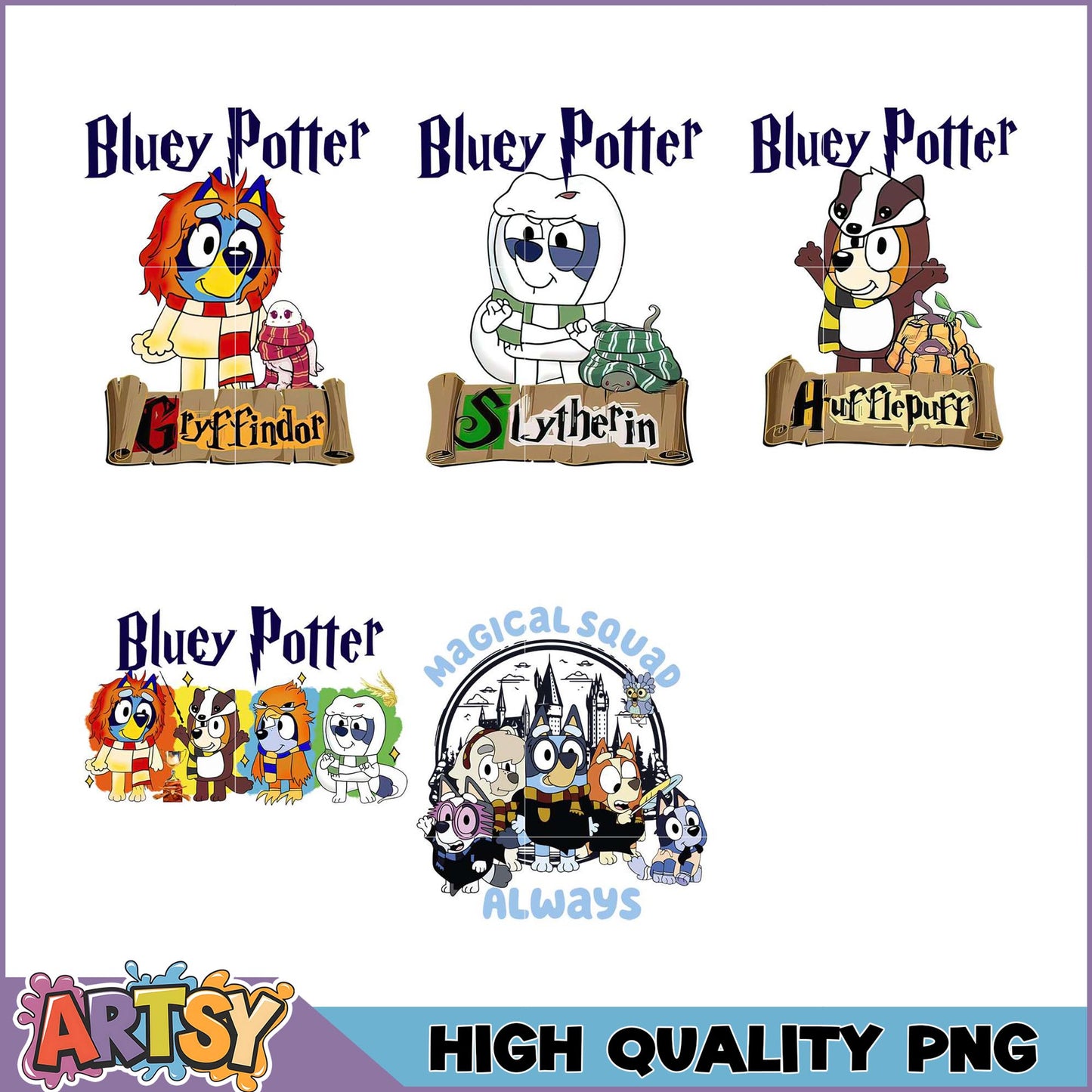 Bluey Potter Hogwarts Houses PNG Bundle
