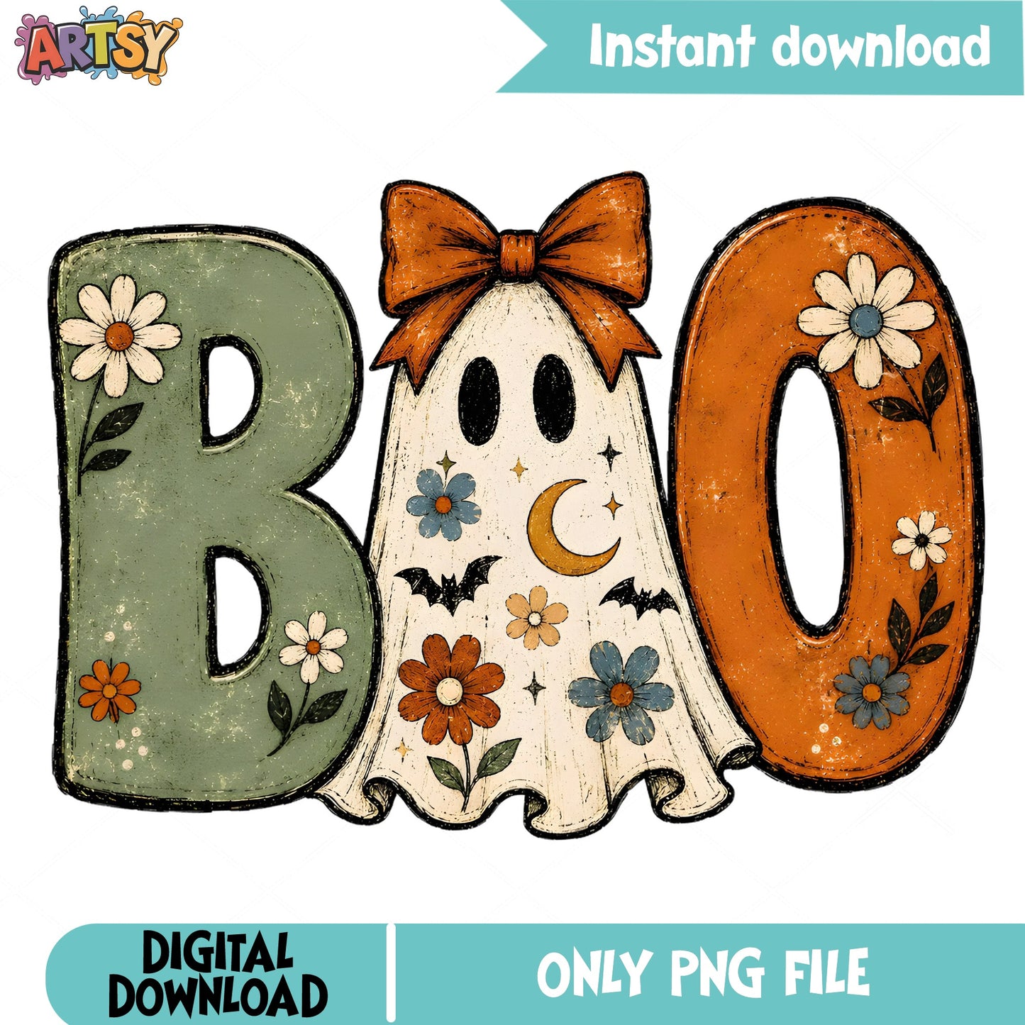 Boo Floral Ghost Halloween PNG, Retro Ghost With Bow PNG, Spooky PNG