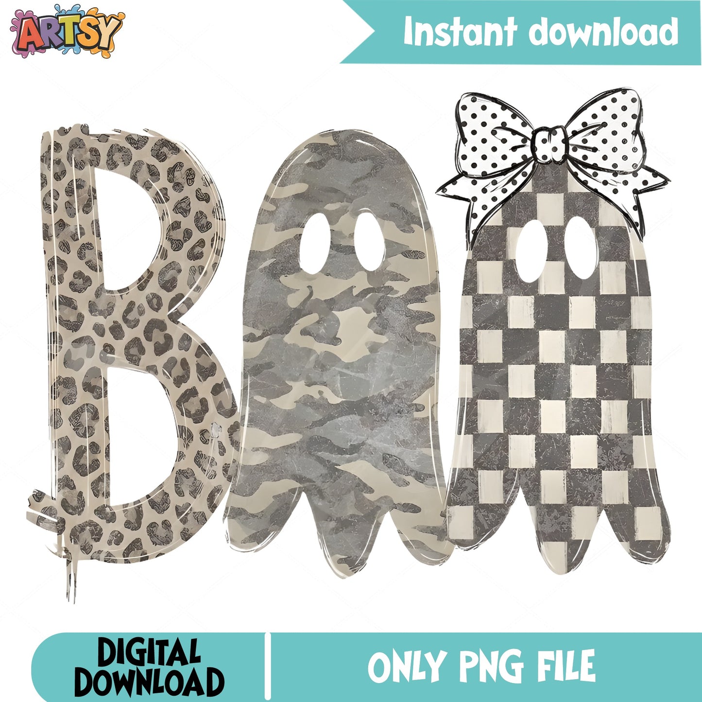 Boo Ghost Halloween PNG, Leopard Camo Checkered Ghost, Halloween PNG