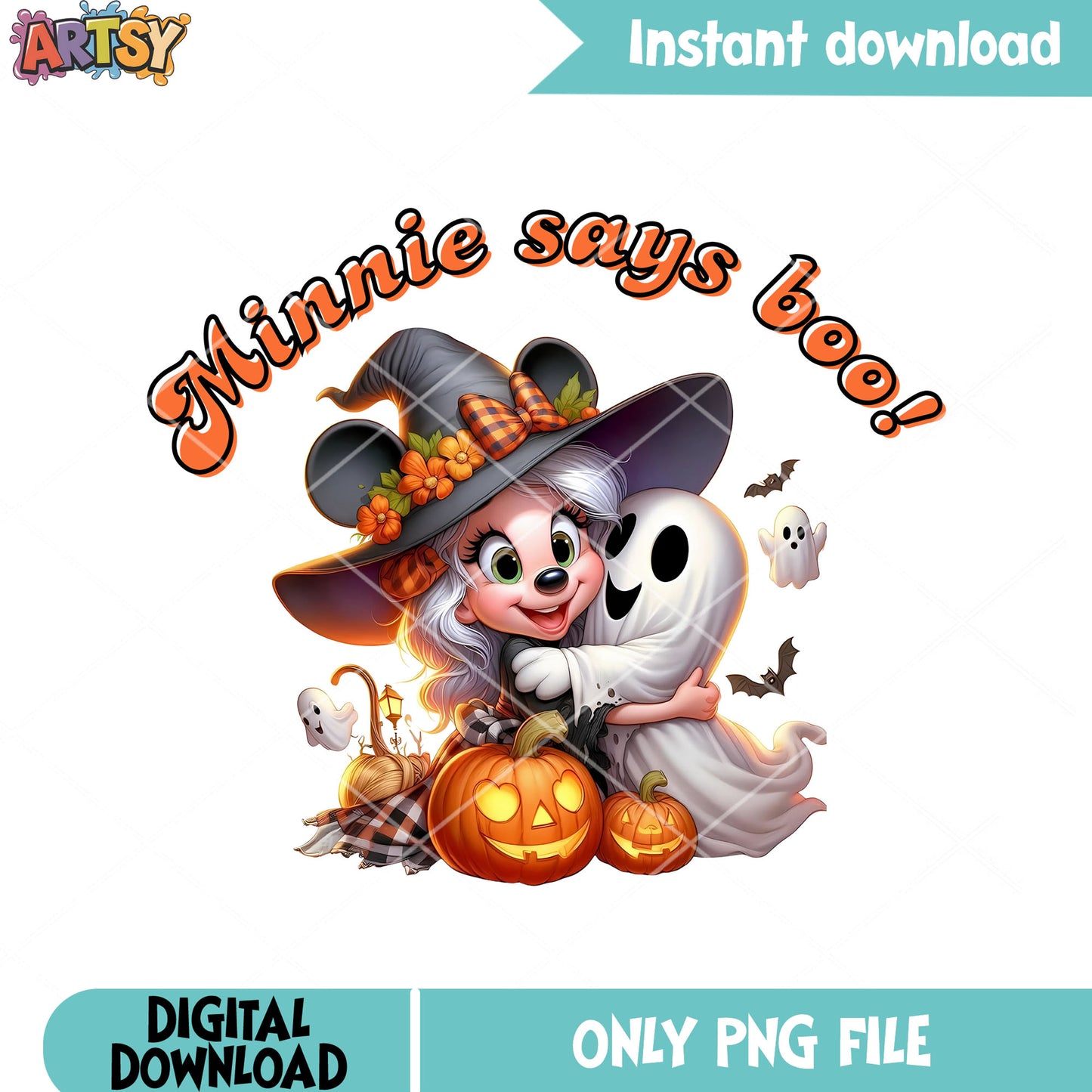 Boo says Minnie png, scary pumpkin halloween png, witch hats png
