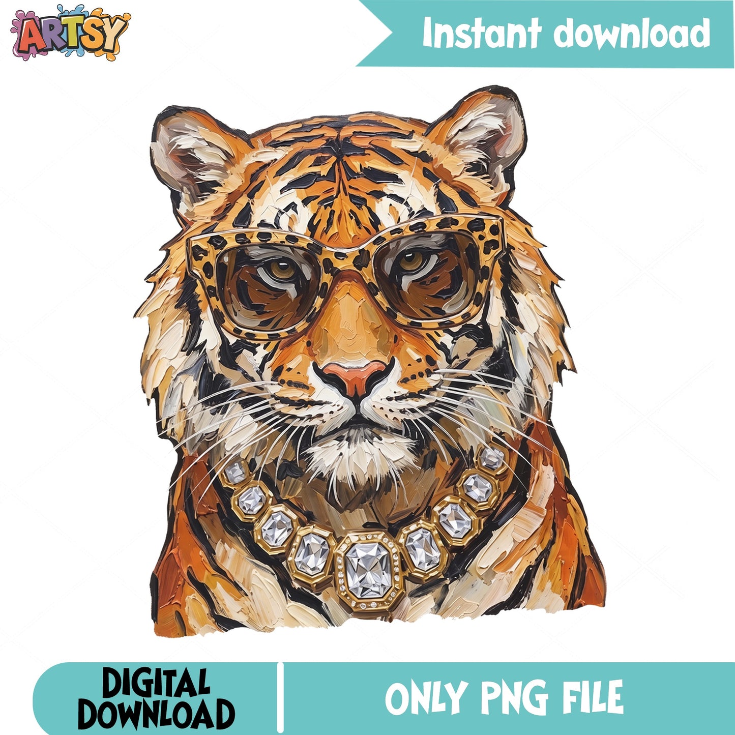 Boujee Tiger With Glasses And Jewels PNG, Sassy Tiger PNG, Trendy Wild Cat PNG