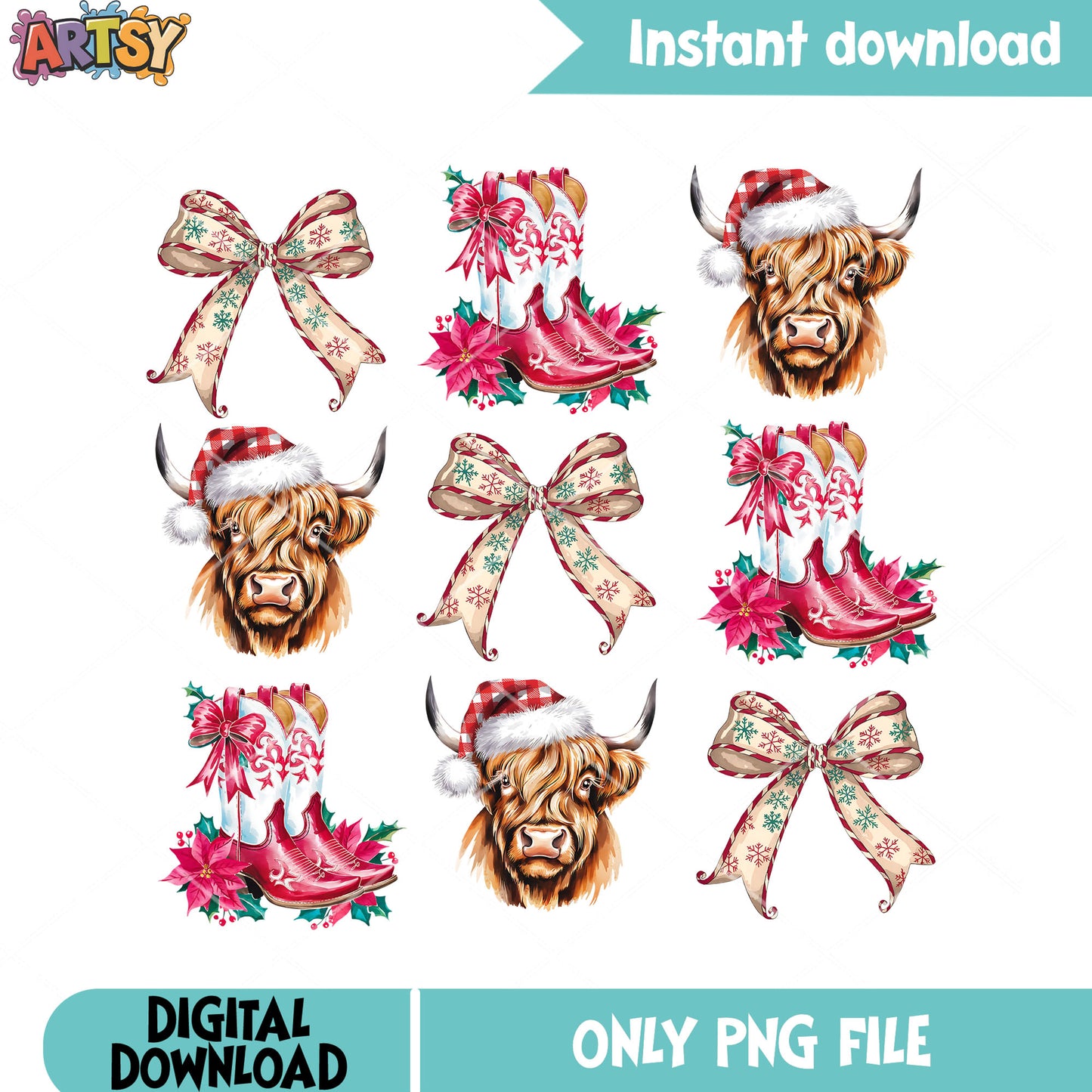 Bow pinky xmas png, christmas bow png, christmas highland cow png