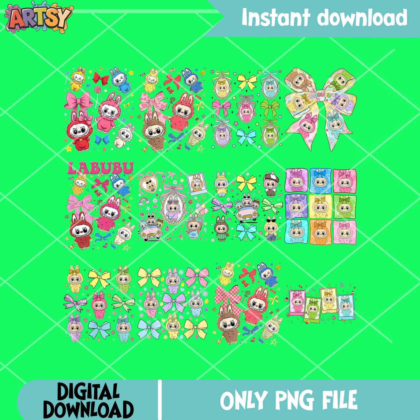 Bow tie labubu png bundle, have a seat labubu png, labubu monster png