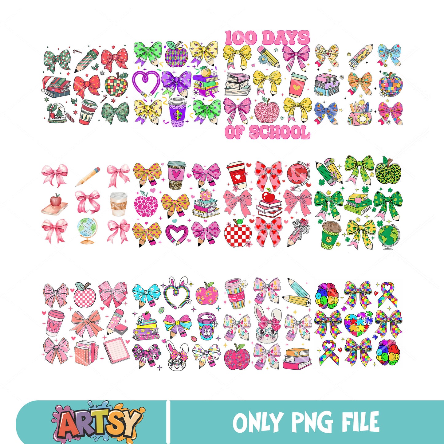 Bow tie school vibes png bundle, school vibes png, 100 days of school png