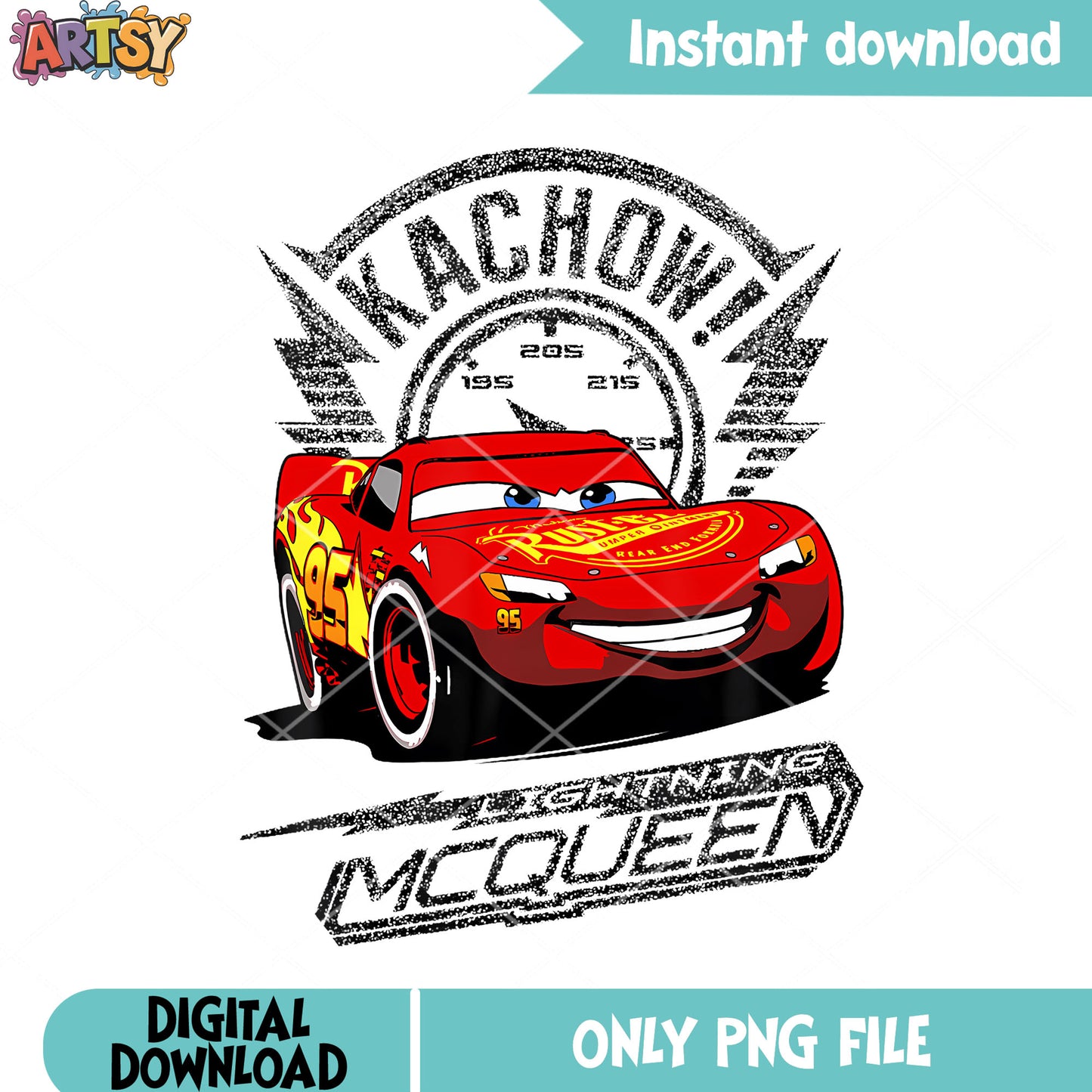 Car Mcqueen Kachow Retro png, lightning mcqueen png, disney movies png
