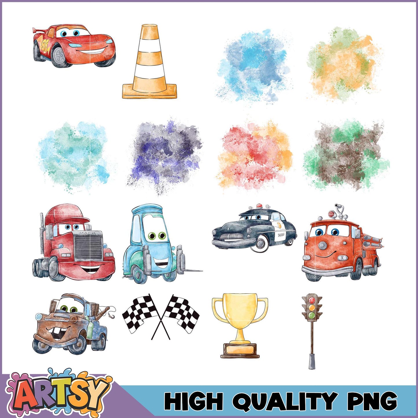 Cars Watercolor PNG Bundle High Quality Images