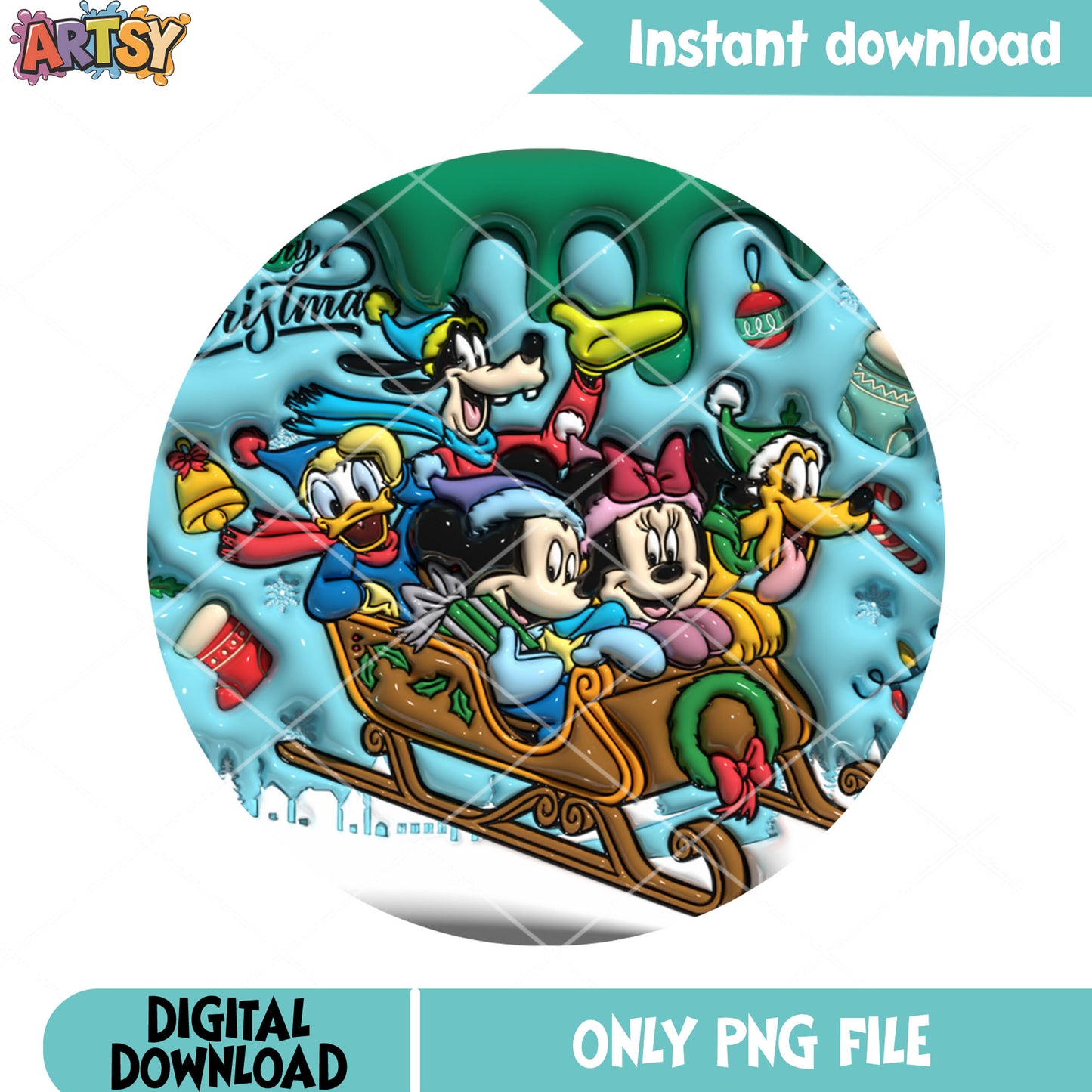 Cartoon mouse and friends png, christmas sleigh png, cartoon squad png