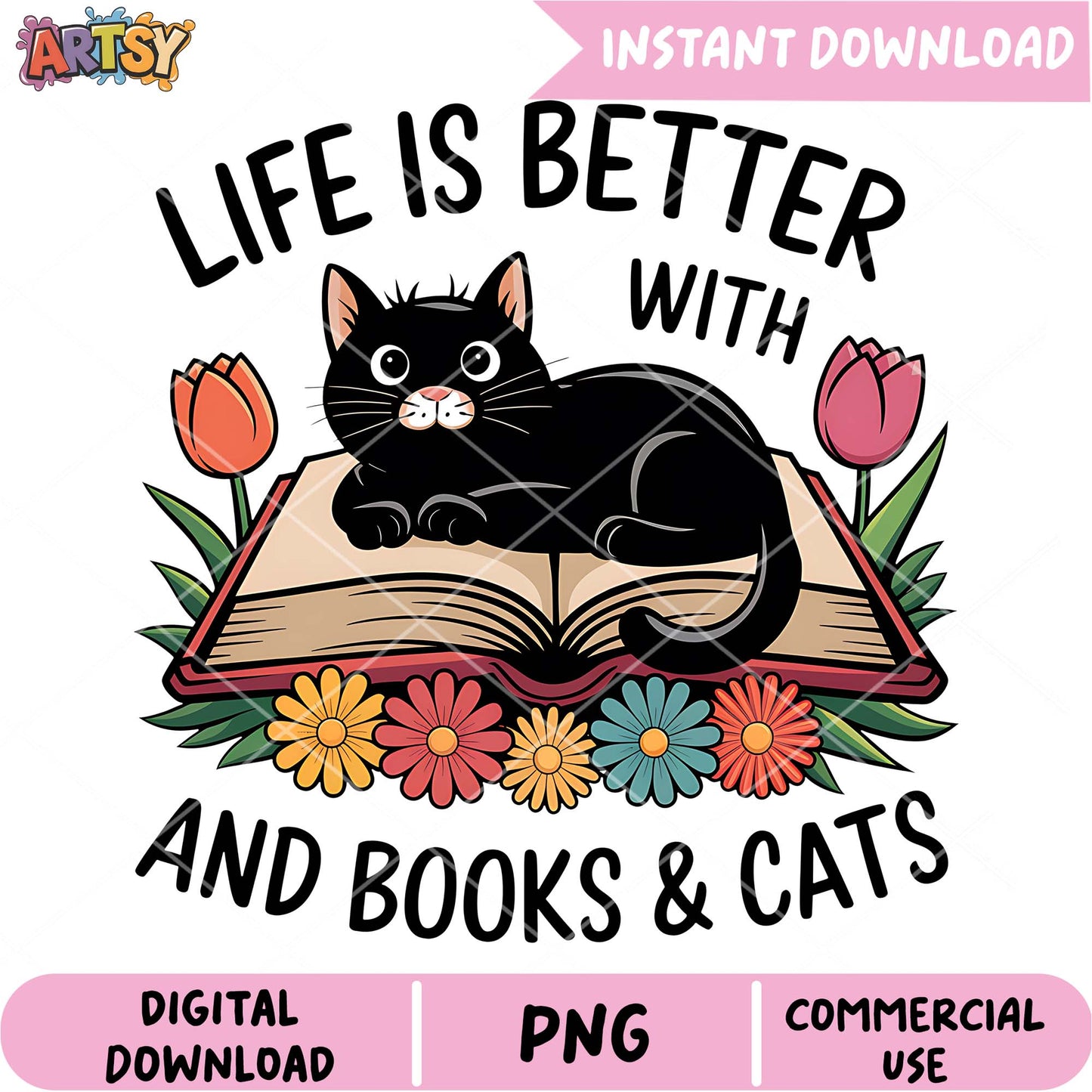 Cat Book Lover PNG Instant Download
