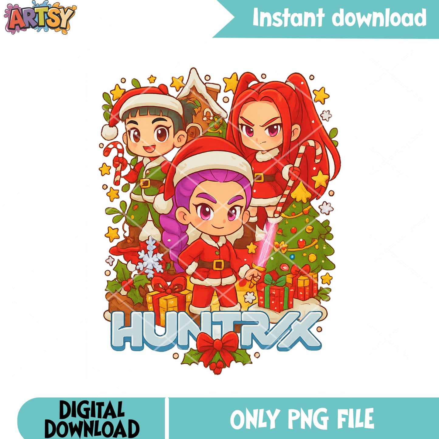 Chibi christmas huntrix png, kpop demon hunters png, christmas tree png