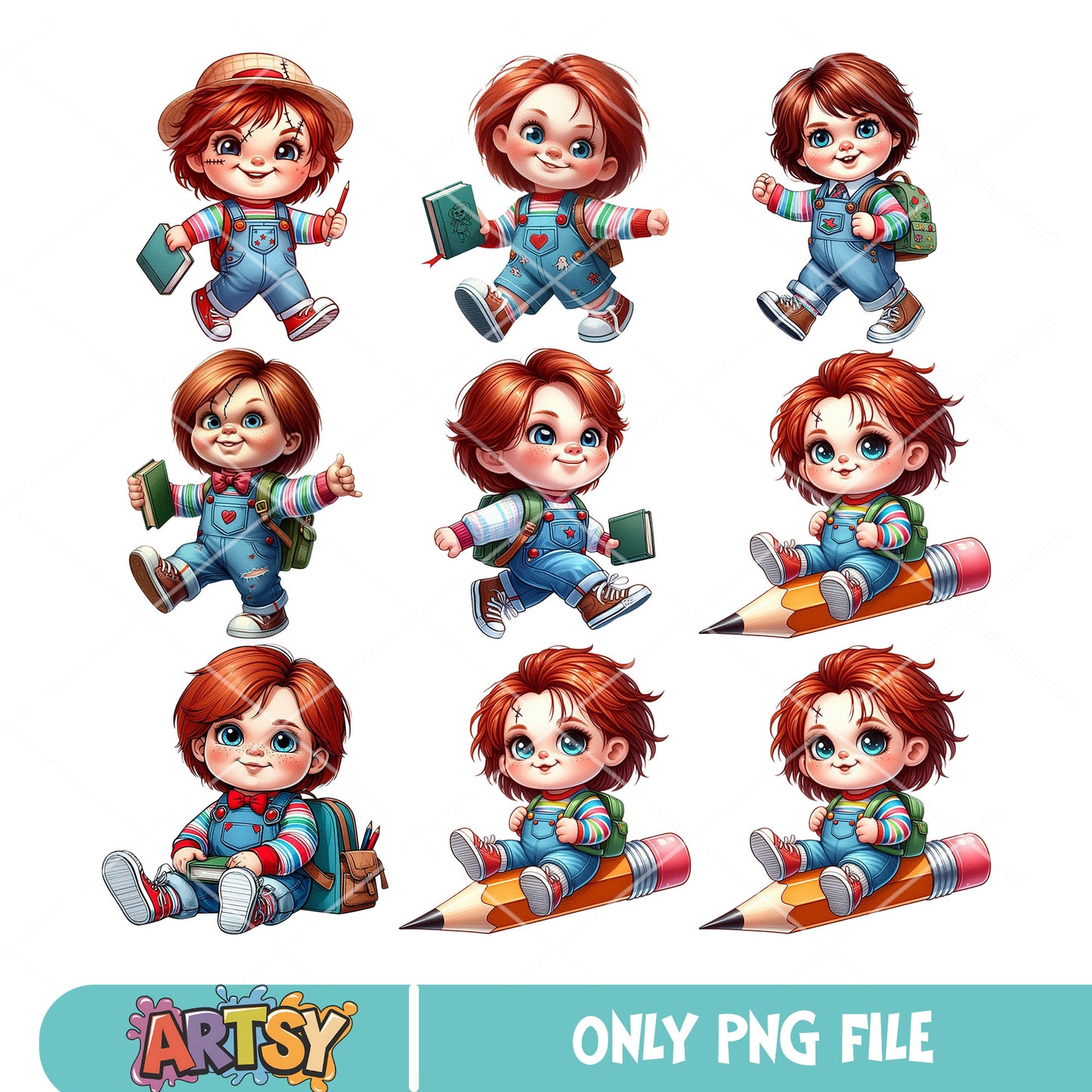 Chibi chucky school png bundle, chucky doll png, back to school png