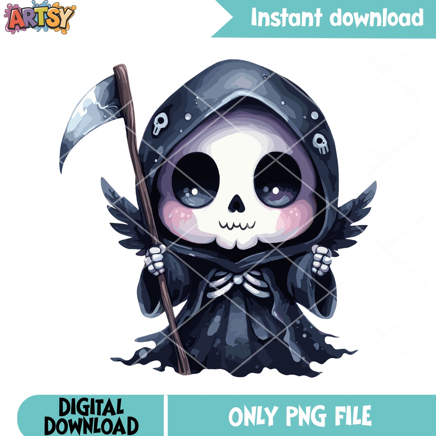 Chibi cute wing reaper png, death sickle png, halloween night png