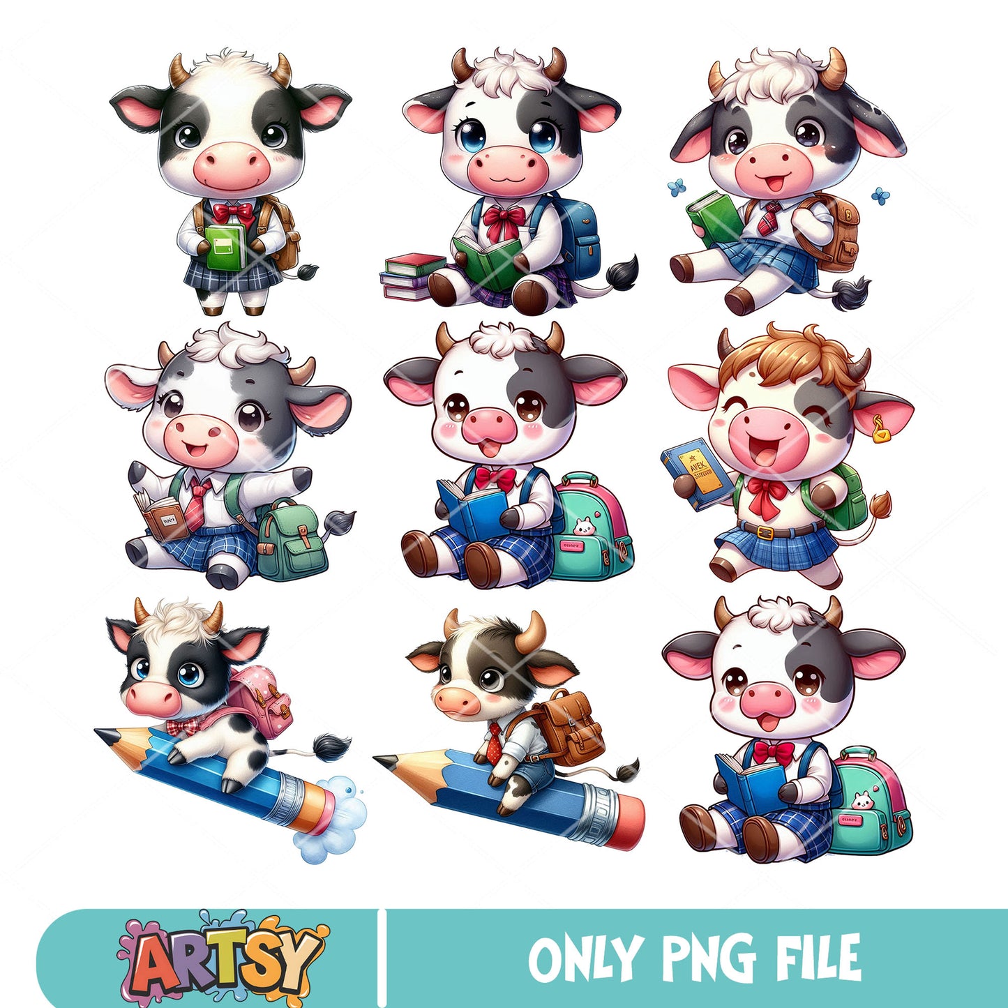 Chibi dairy cow school png bundle, dairy cow png, back to school png