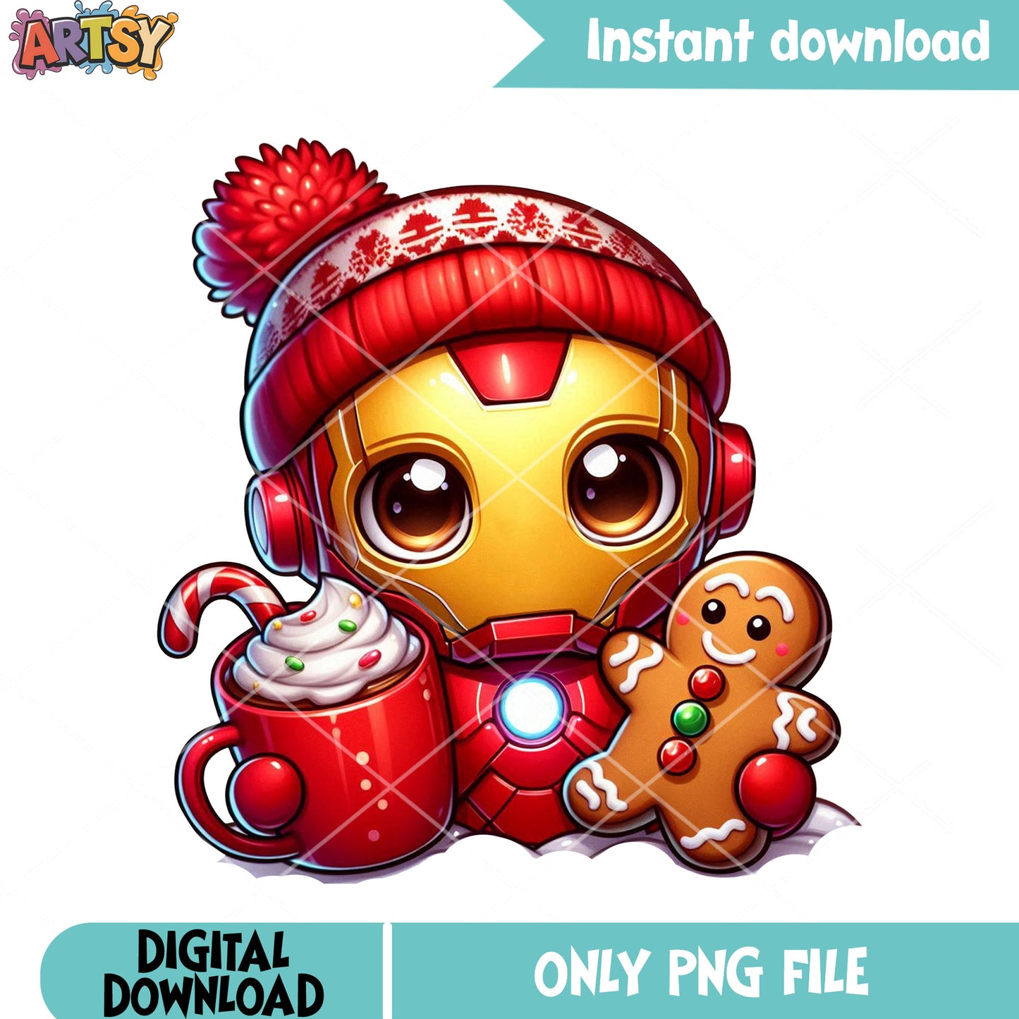Chibi iron man christmas png, cute marvel png, christmas mascot png