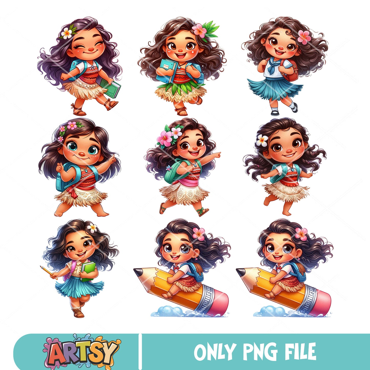 Chibi moana school png bundle, disney moana png, school days png