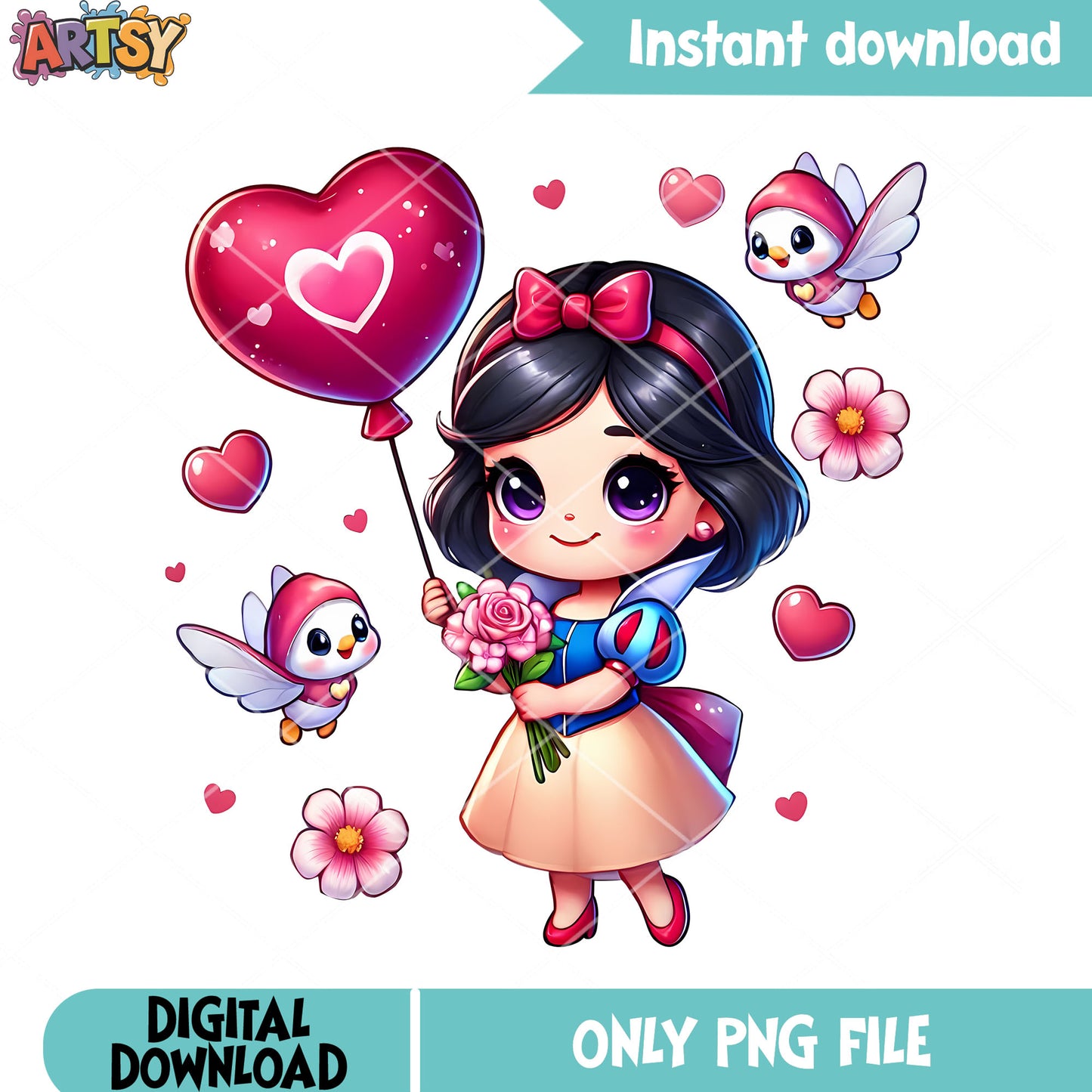 Chibi princess valentine poster png, snow white png, valentine love png
