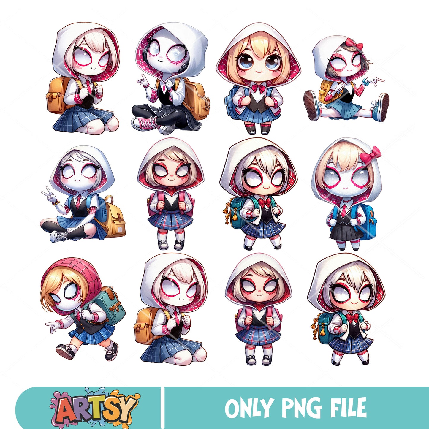 Chibi spider gwen school png bundle, spider gwen png, first grade png