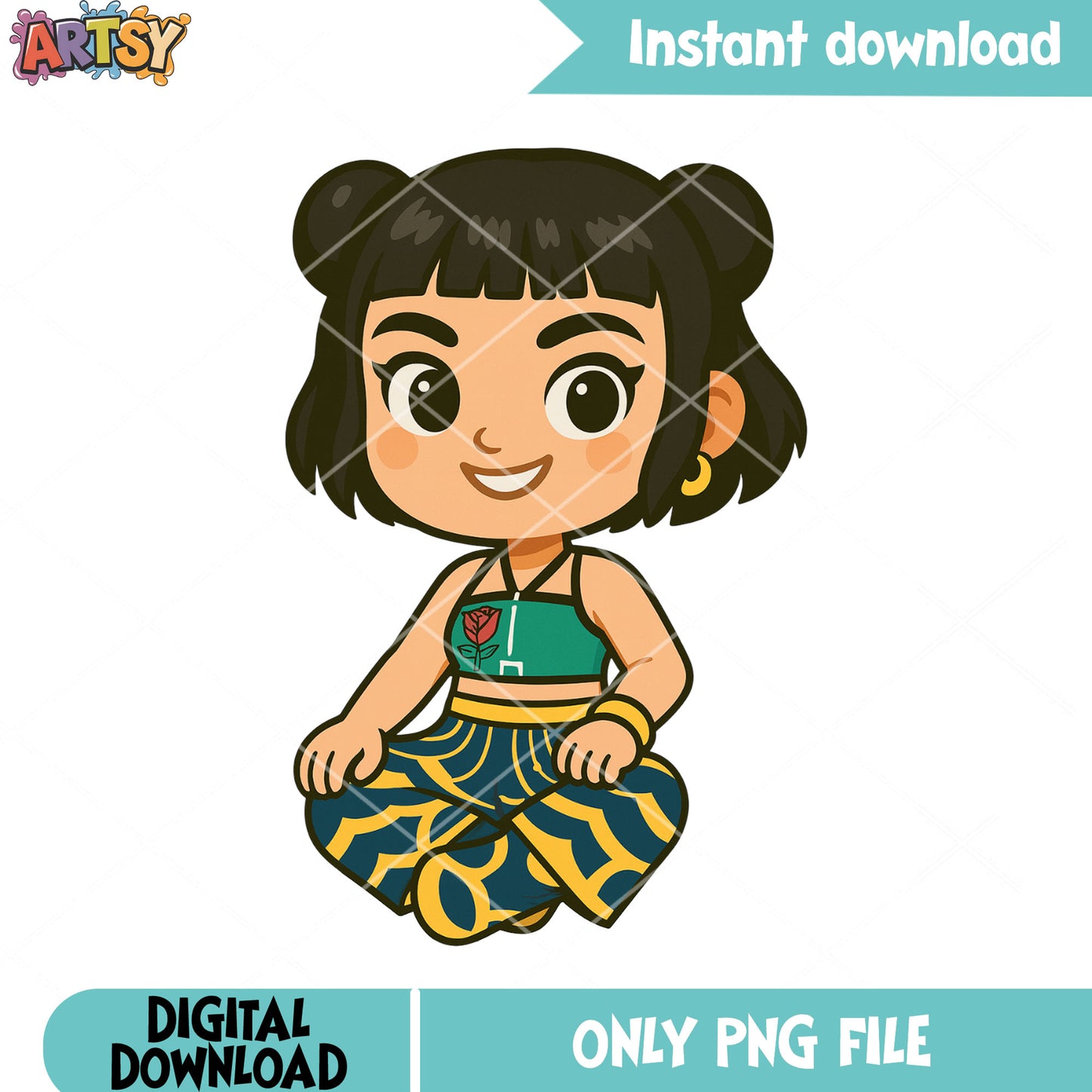 Chibi zoey sit pose png, zoey kpop png, huntrix band png