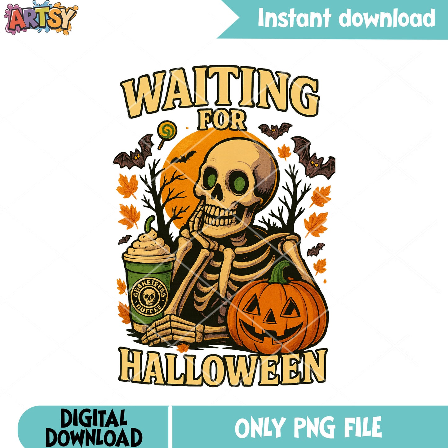 Chilling skeleton png, jack o lantern png, hot chocolate png