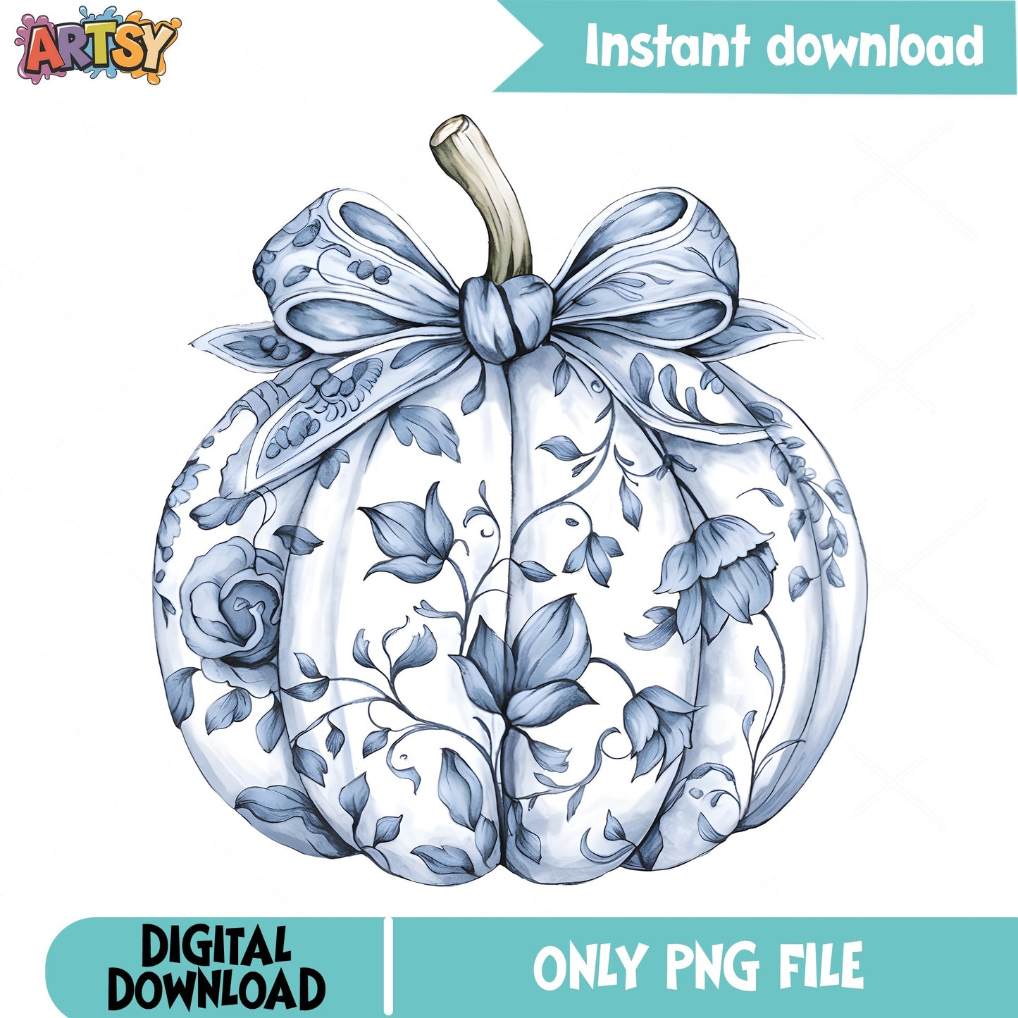 Chinoiserie Pumpkin PNG, Blue Floral Bow Pumpkin, Fall Halloween PNG