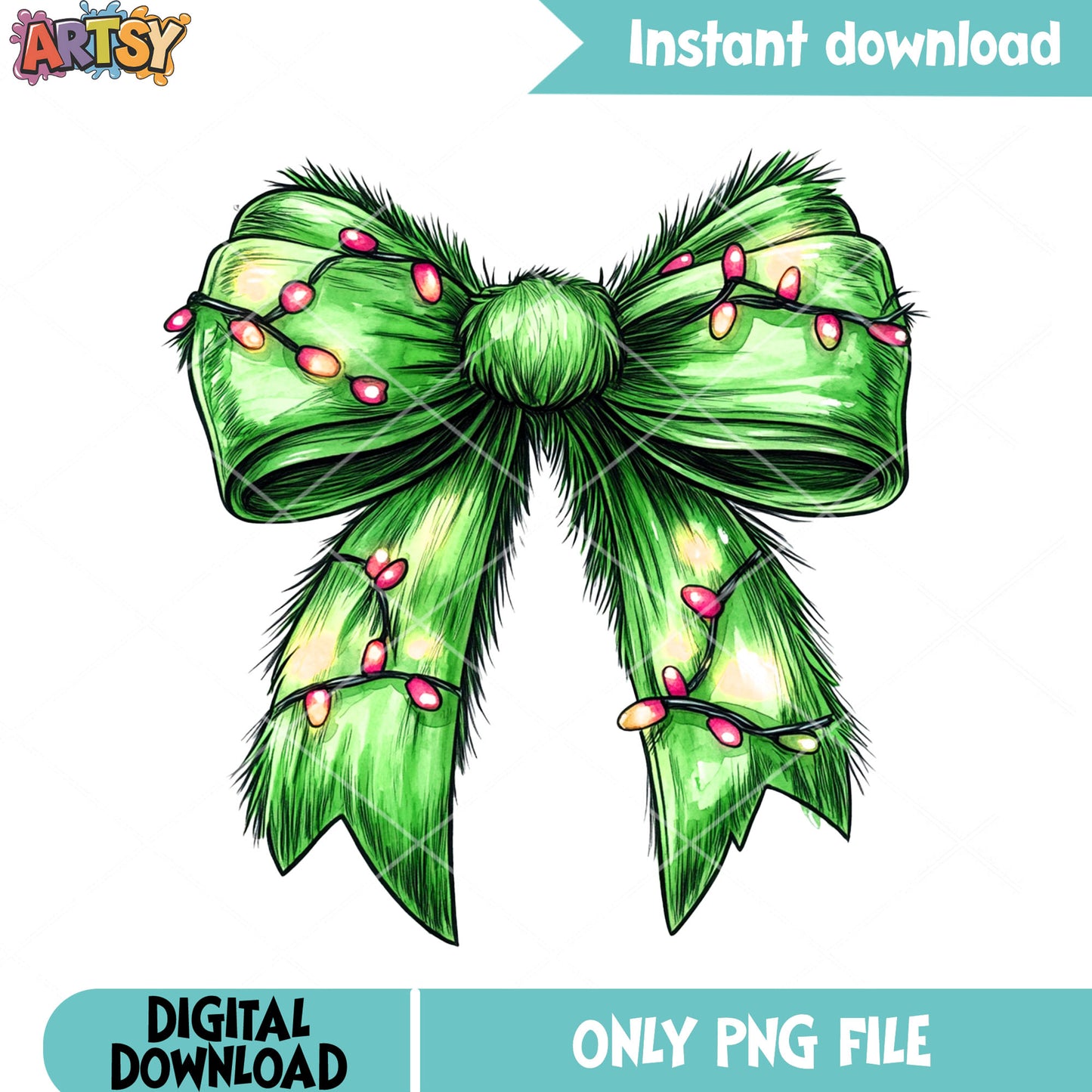 Christmas green fuzzy bow png, Christmas lights png, the grinch png