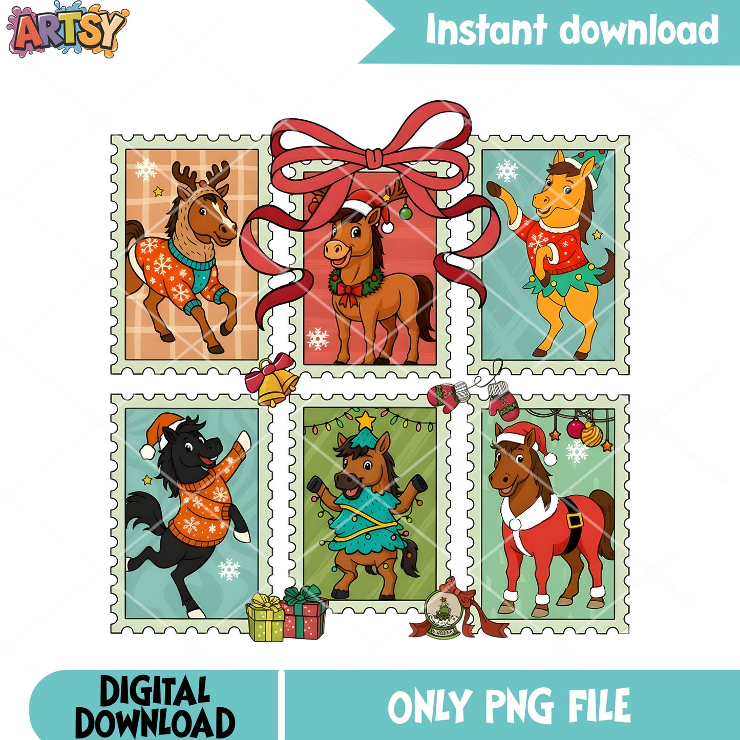 Christmas horse png, ribbon bow tie png, christmas present png
