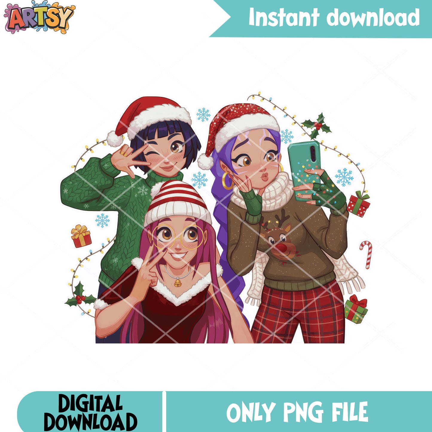 Christmas huntrix png, huntrix zoey png, Rumi kpop demon hunter png