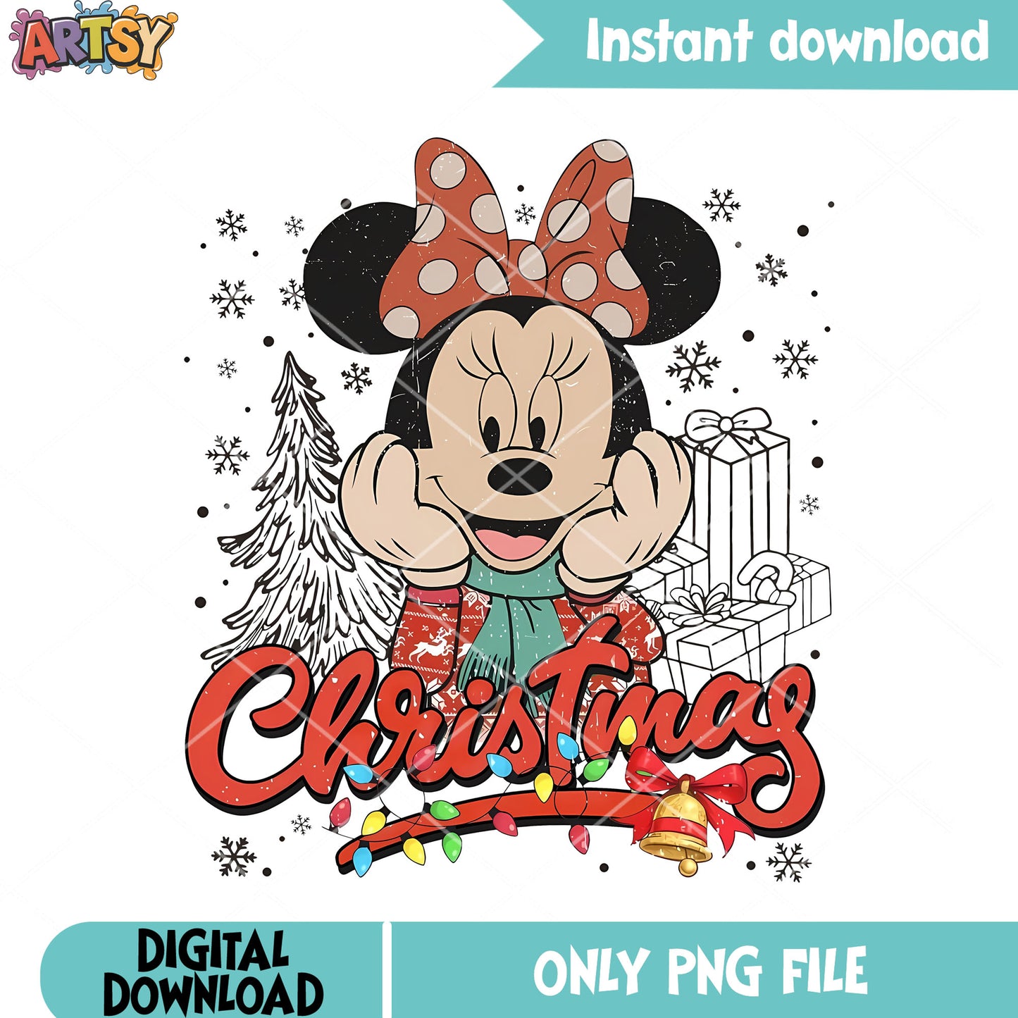 Christmas minnie poster png, minnie mouse png, christmas gifts png