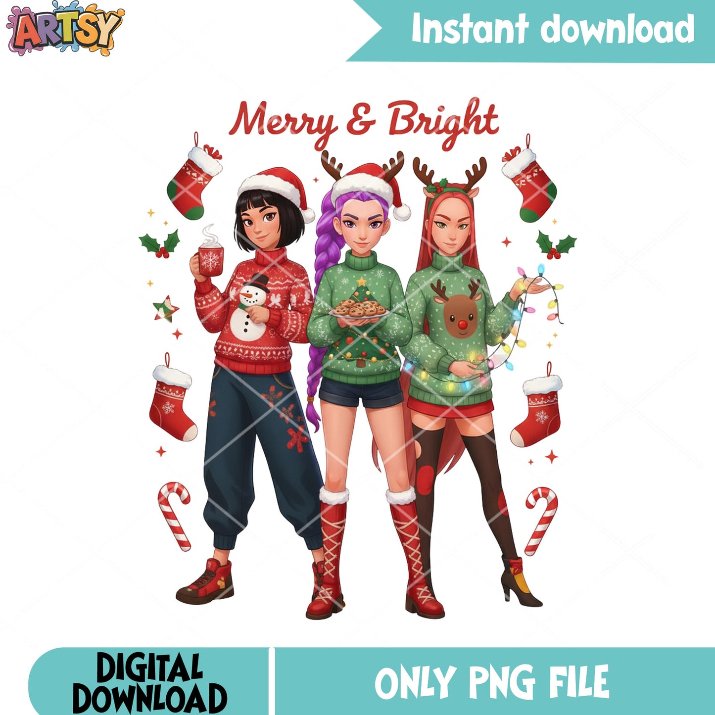 Christmas of huntrix png, kpop demon hunters png, christmas socks png