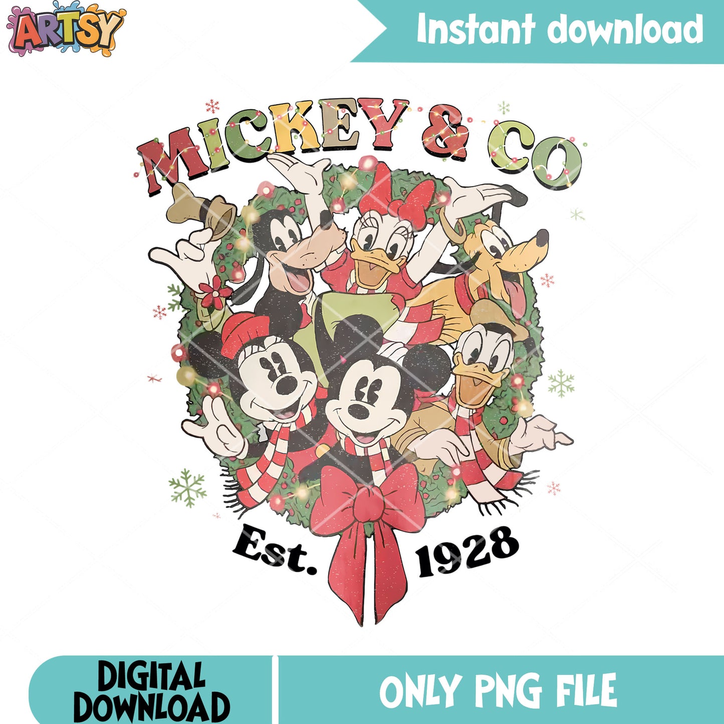 Christmas poster est 1928 png, disneyland png, christmas wreath png