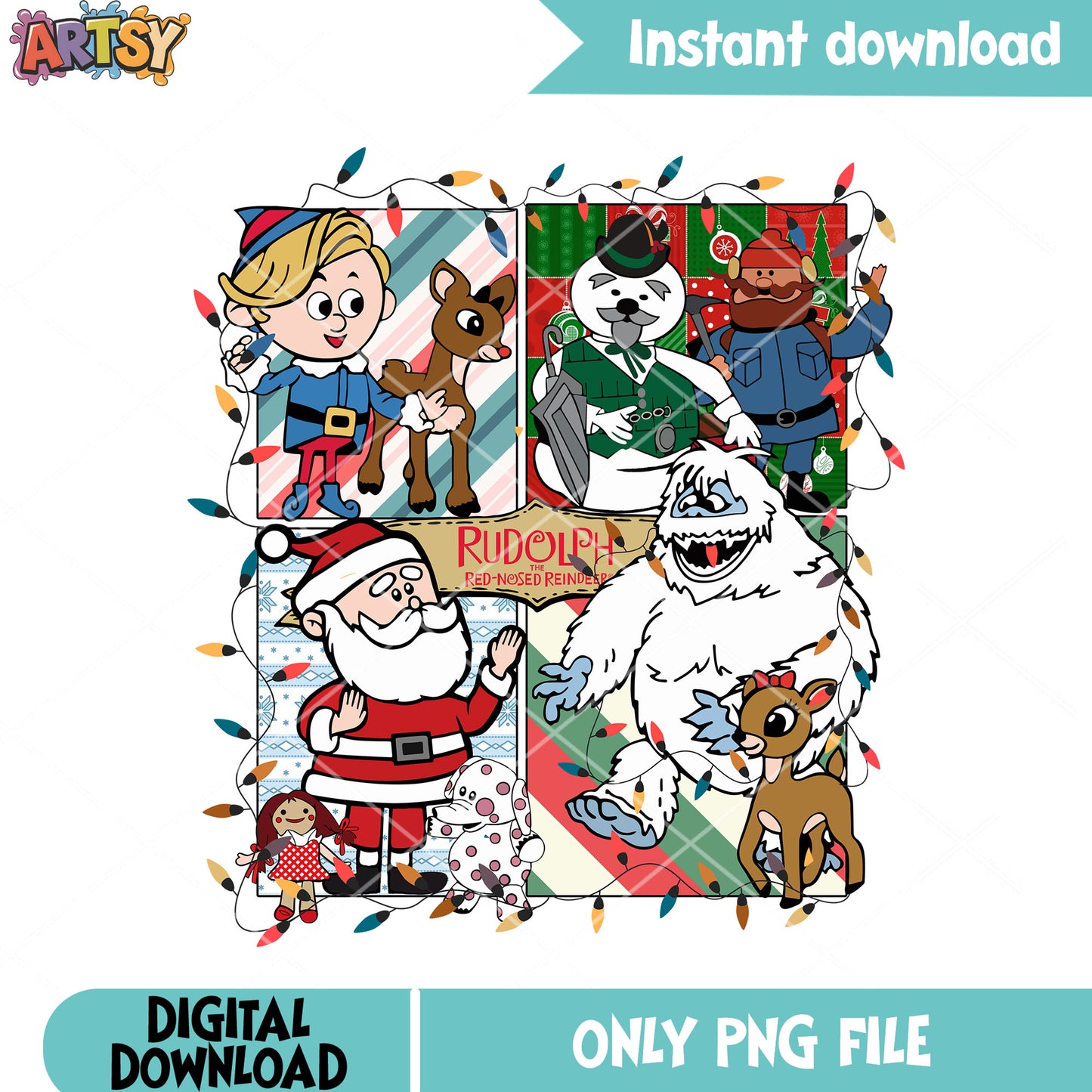 Christmas poster lights png, rudolph the red nose reindeer png, xmas png