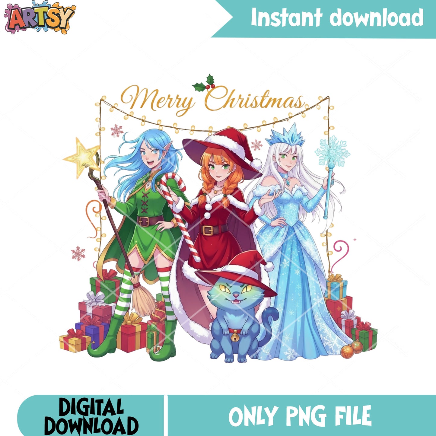 Christmas presents huntrix png, derpy cat png, kpop demon hunters png