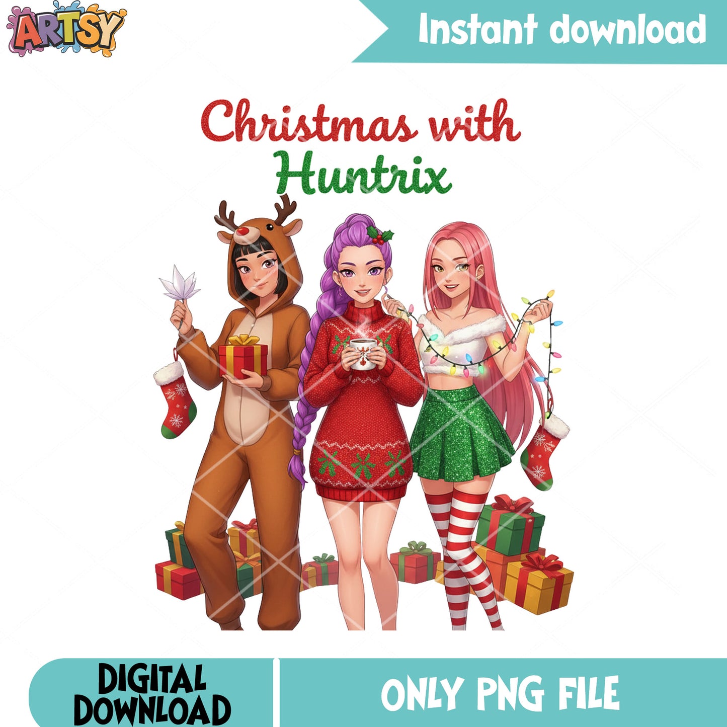 Christmas with huntrix png, merry christmas png, kpop demon hunters png