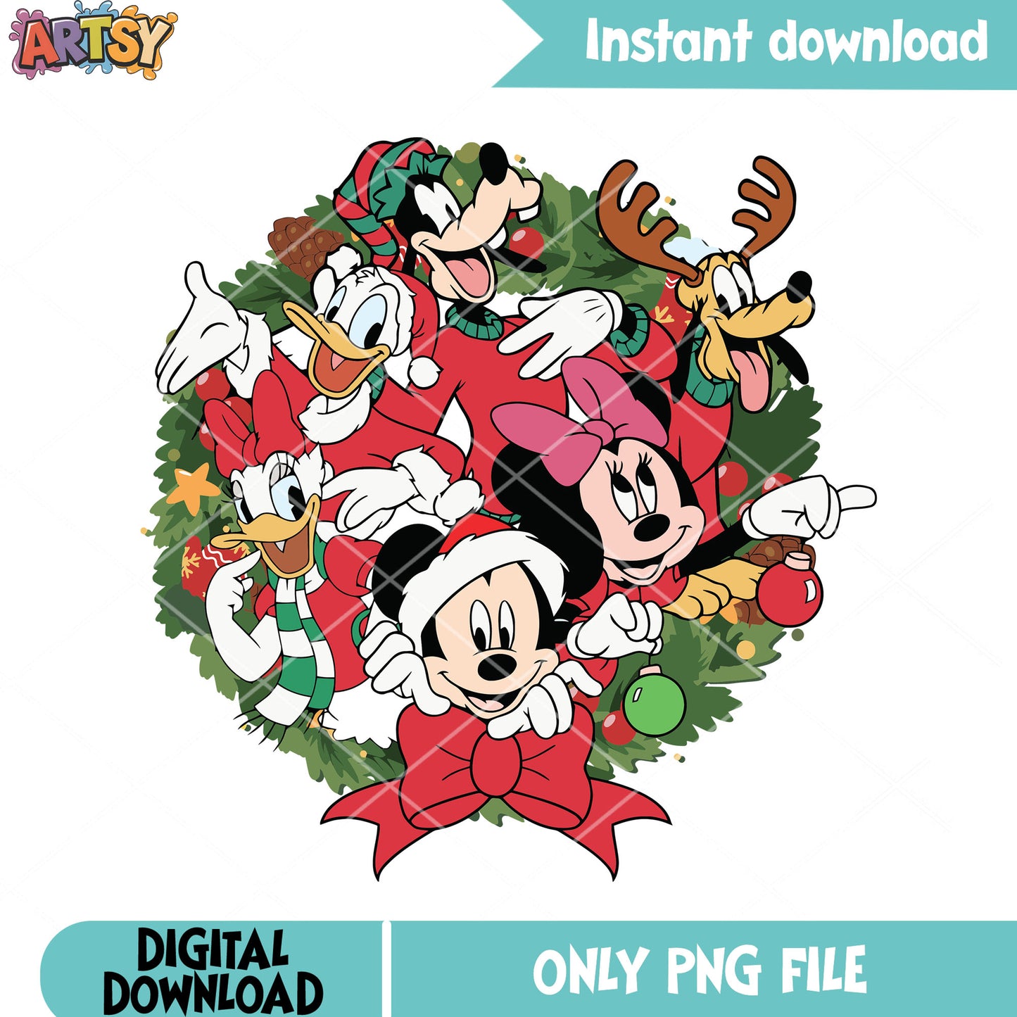 Christmas wreath disney png, disney christmas png, mickey and friends png