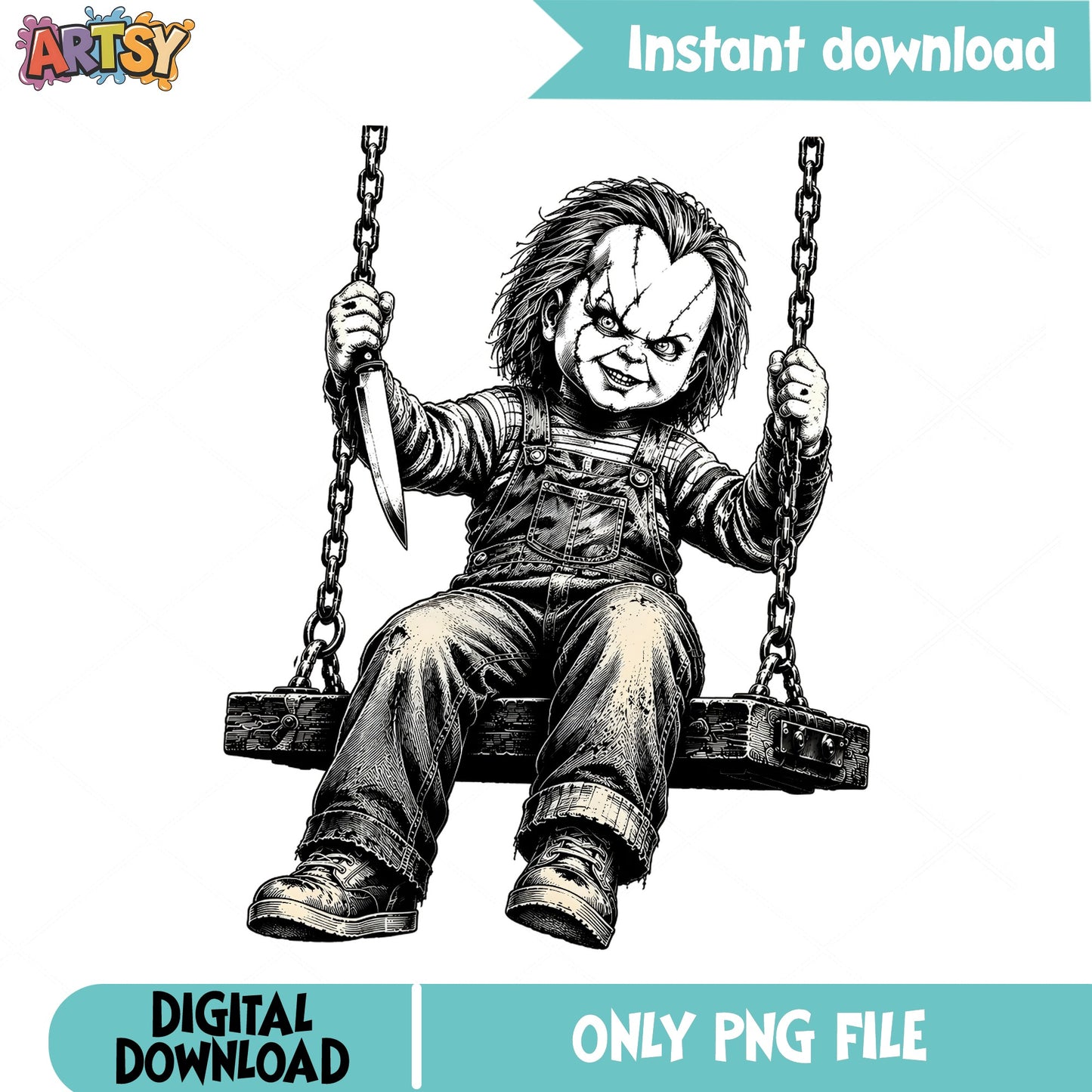 Chucky On Swing Horror Doll PNG, Halloween PNG, Child's Play PNG