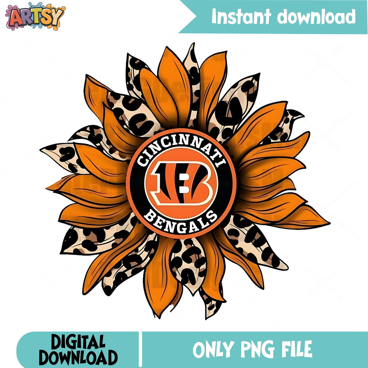Cincinnati Bengals Sunflower PNG, Leopard Print NFL PNG, Football PNG